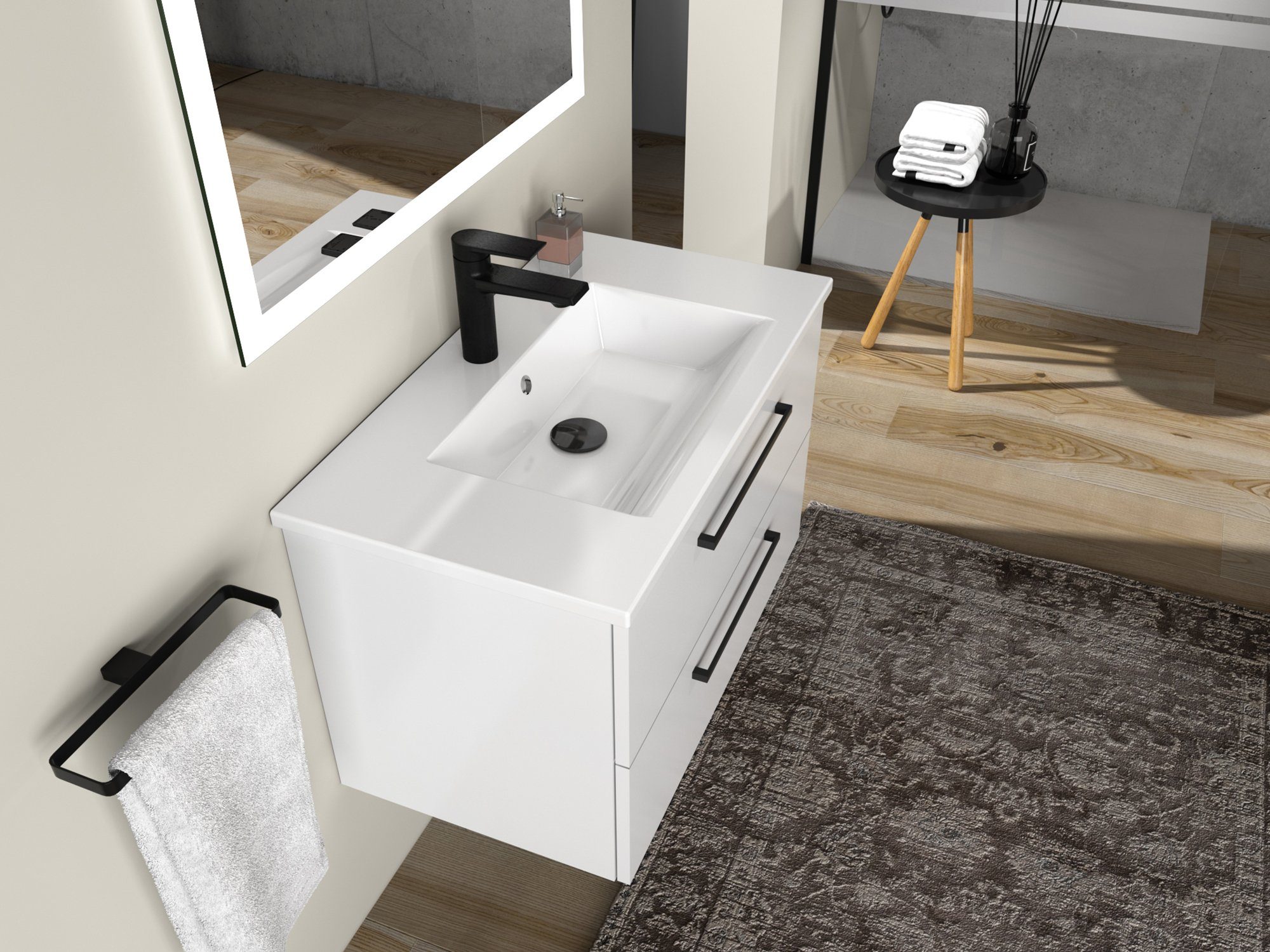 Aqua Bagno Badmöbel-Set Badmöbel 80cm inkl. Keramikwaschtisch Möbel-Wascht, (2-St)