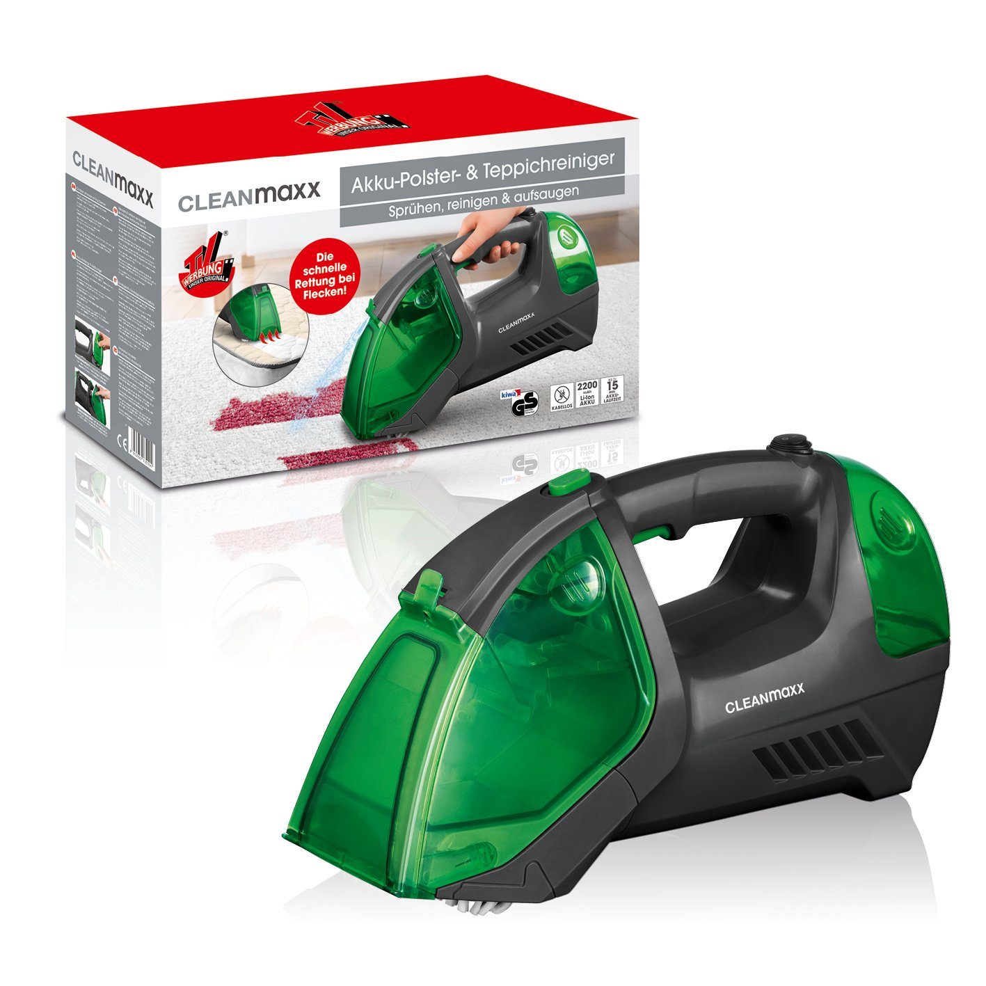 CLEANmaxx Teppichreinigungsgerät Polster- & Teppichreiniger kabellos 3in1, 150 W, Waschsauger Polsterreiniger Akku Nasssauger