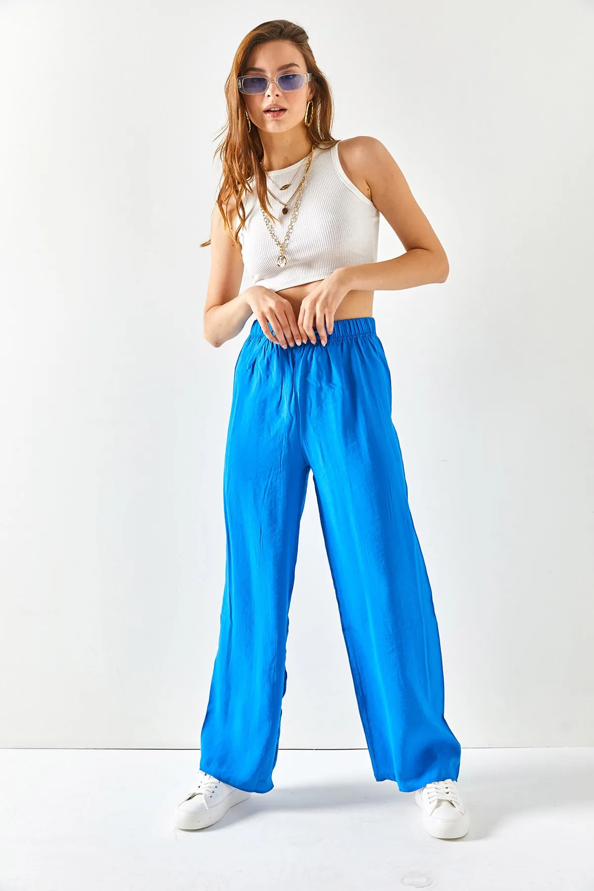 Olalook  Damen-Palazzo-Ayrobin-Hose mit Gürtel und elastischem Bund von Saks in Blau, PNT-19000200