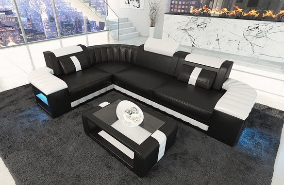 Sofa Dreams Ecksofa Ledercouch Ledersofa Bergamo L Form Leder Sofa, Couch, mit LED, wahlweise mit Bettfunktion als Schlafsofa, Designersofa