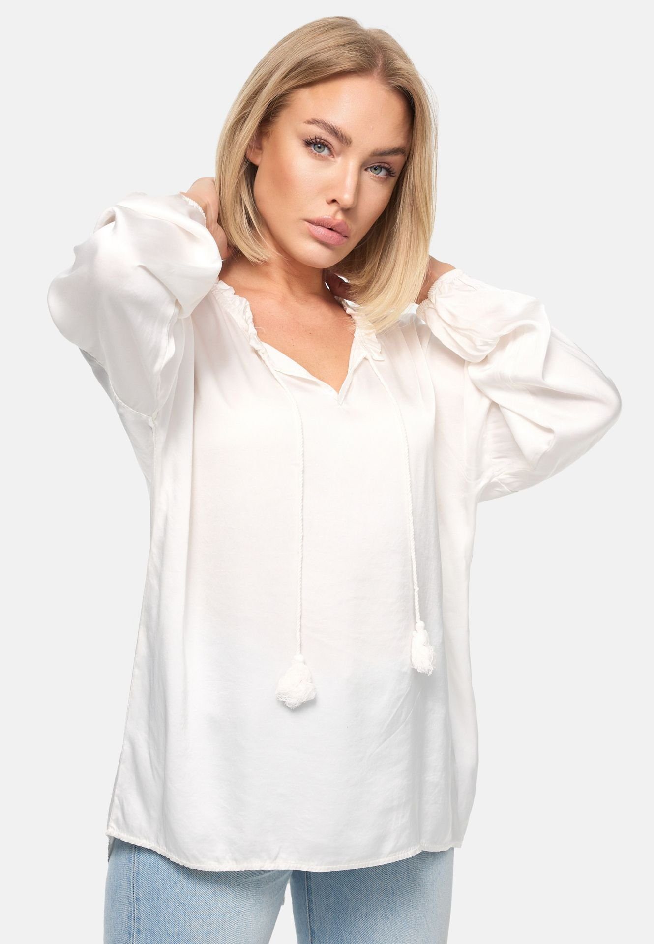 PM SELECTED Schlupfbluse PM-06 (Romantische Business Satin Bluse mit Rüschenkragen Einheitsgröße)