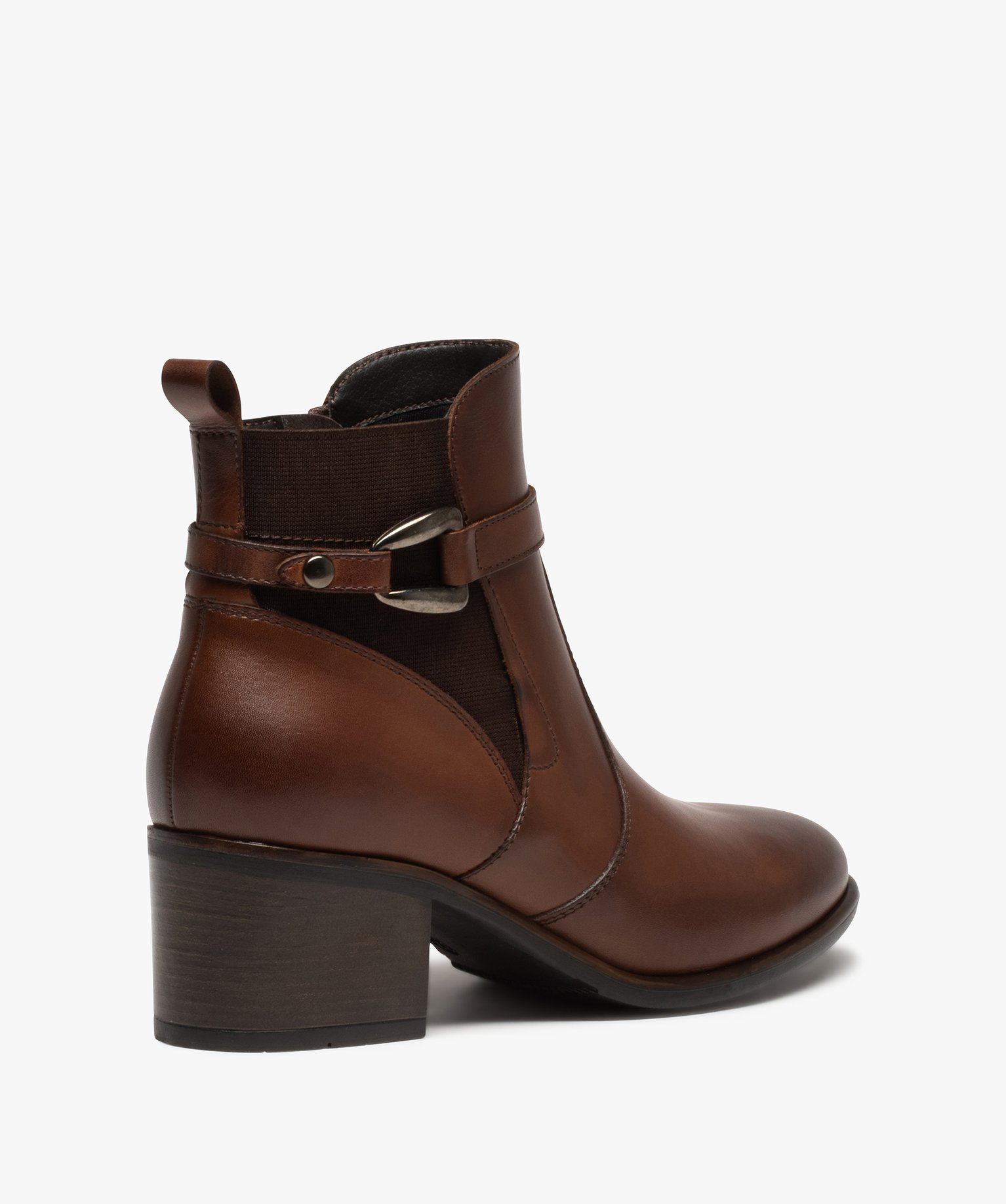 Boots femme à talon carré dessus en cuir uni à zip et bri... marron | GEMO