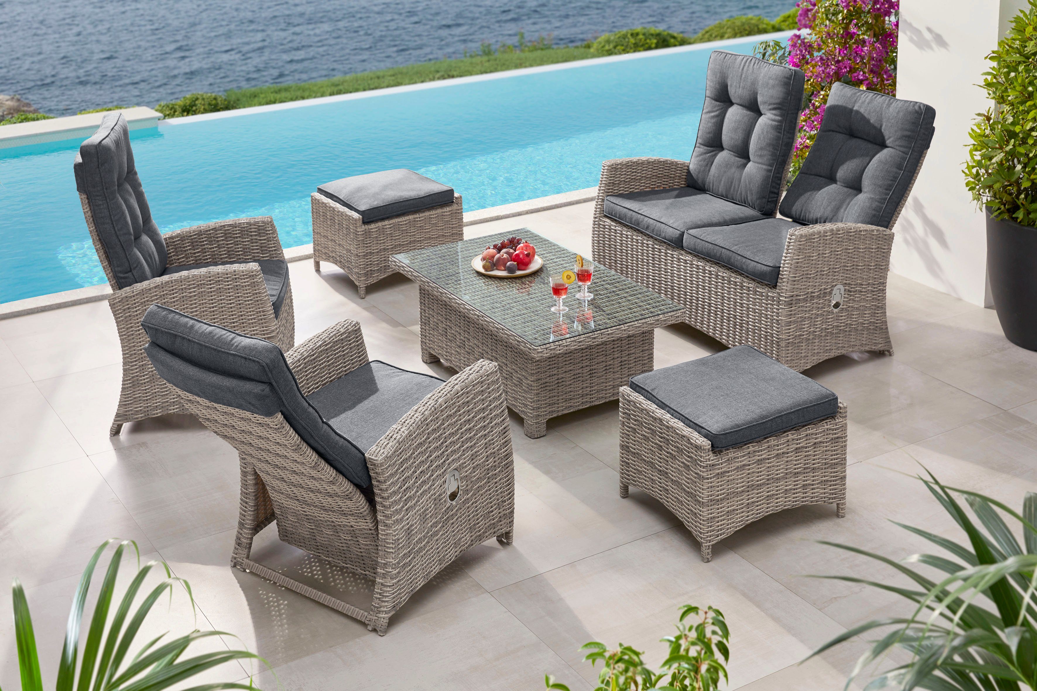 KONIFERA Gartenlounge-Set Monaco, (Set, 16-tlg., inkl. Auflagen, Alu, Polyrattan), höhenverstellbarer Tisch 43,5 - 66,5 cm