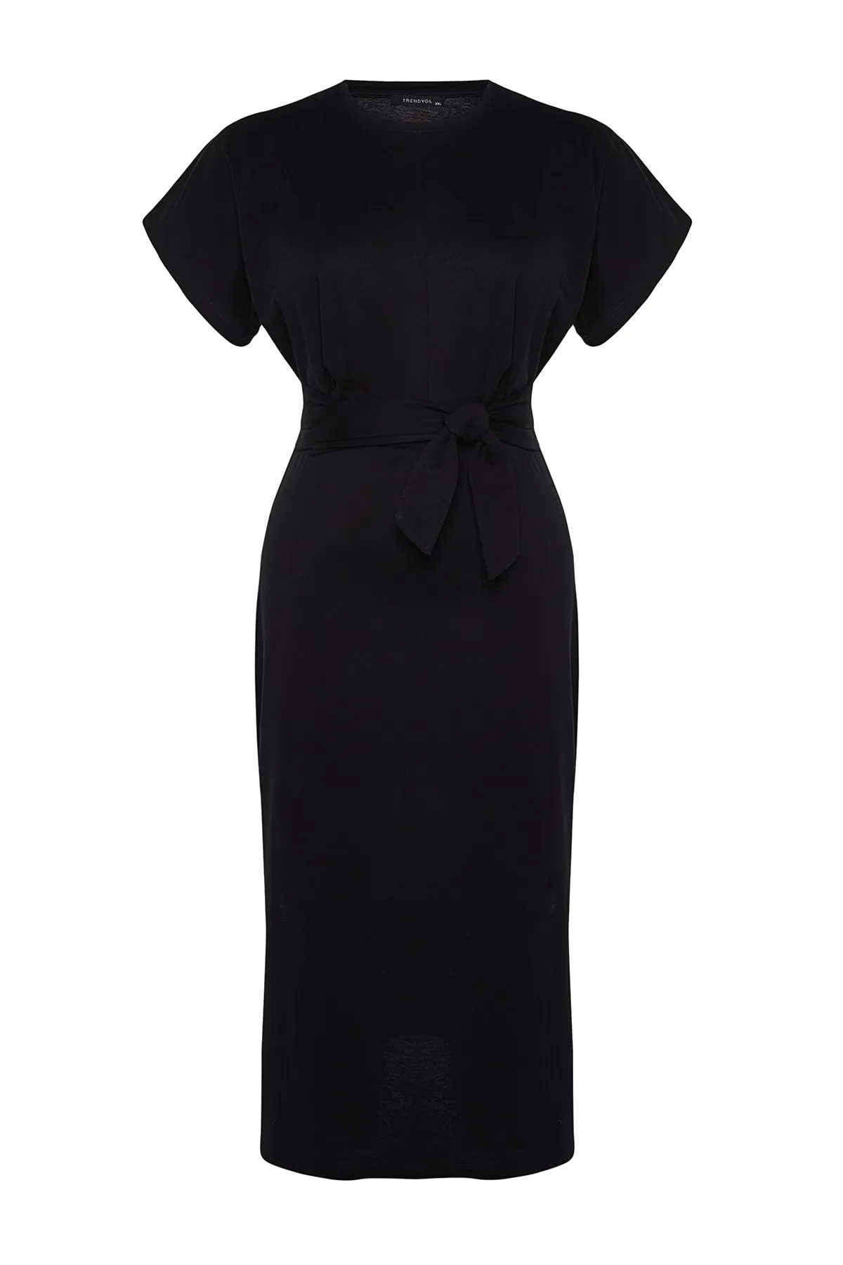 Trendyol Curve  Schwarzes, gerade geschnittenes Strickkleid mit Bindedetail und Schlitz TBBSS22EL1640