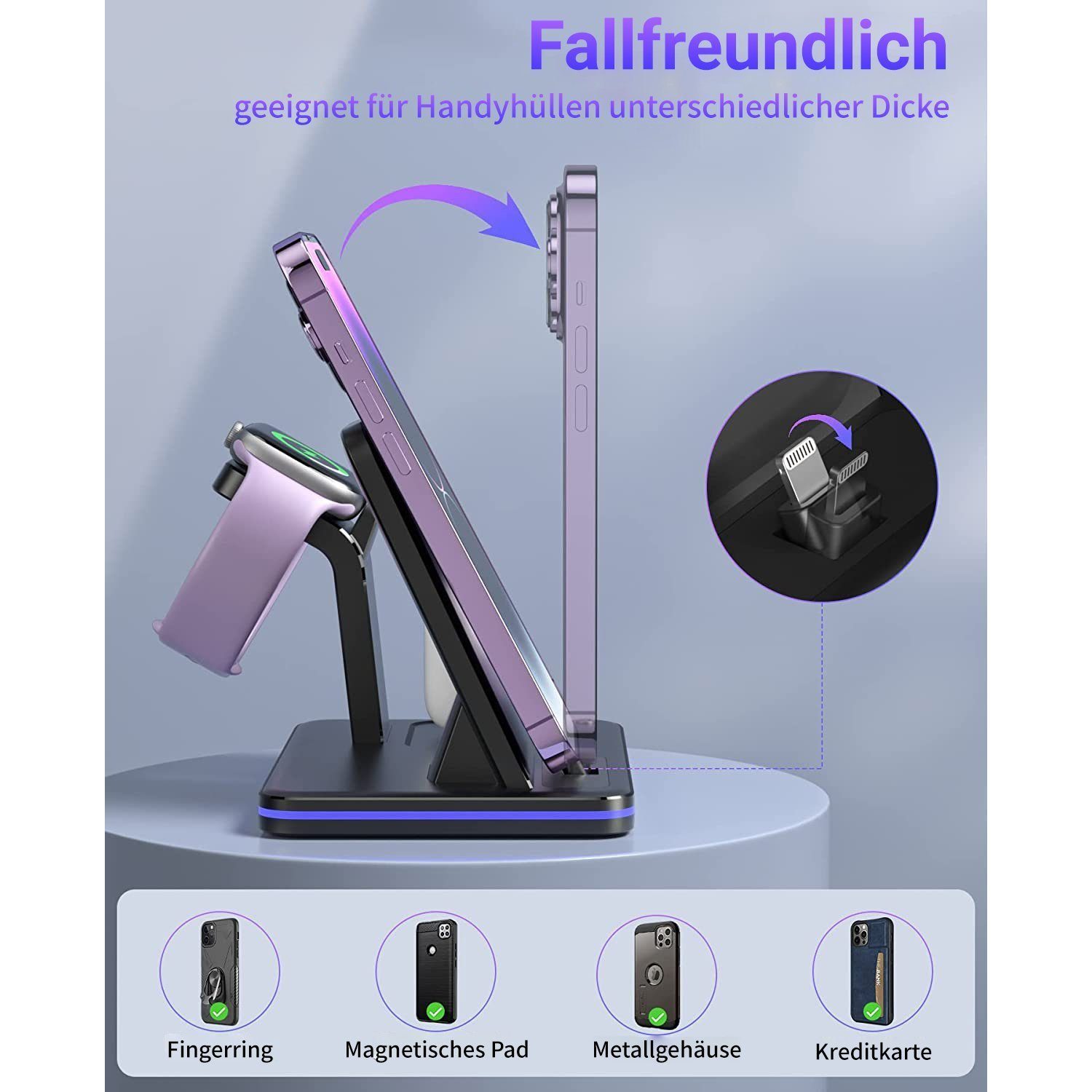 Yaviel Handy-Dockingstation Induktive Ladestation Apple 3 in1 für iPhone iWatch Airpods, (18W Kabellose Ladegerät, Kabellose Charger Lightning Kabel), Wireless Charger für Handy Charging Station