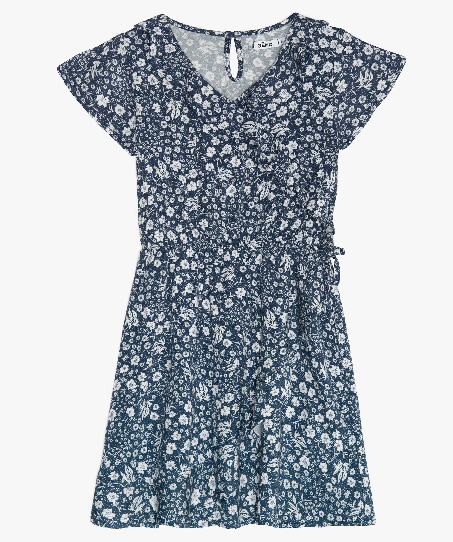 Robe fille fleurie effet portefeuille bleu | GEMO