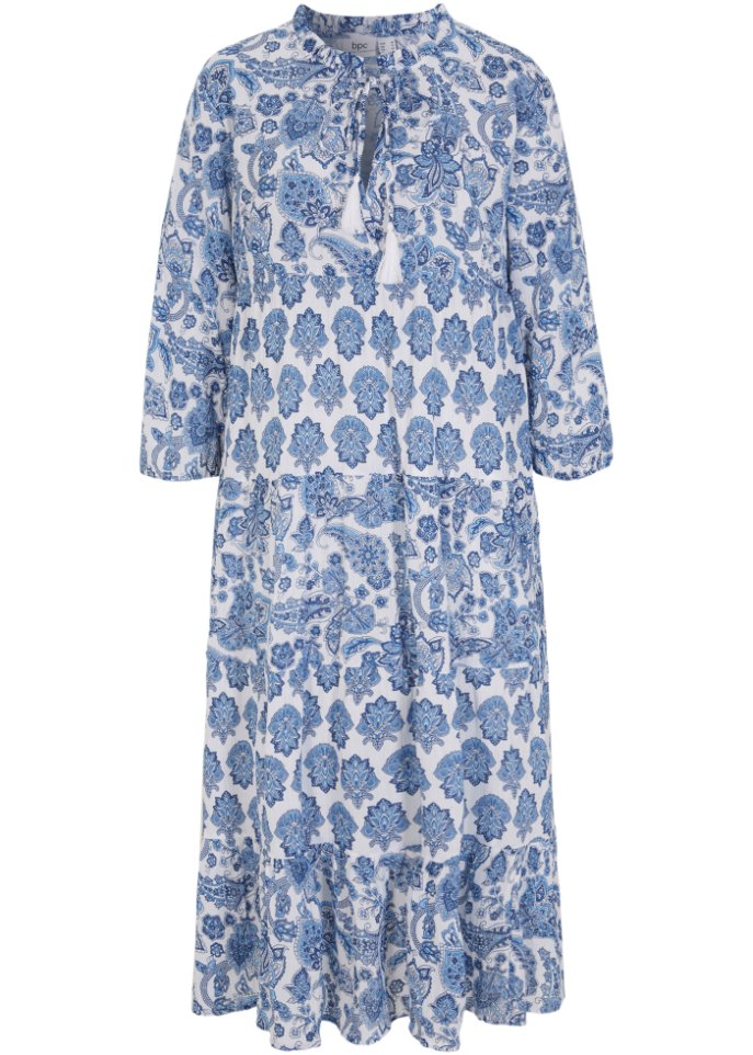 Crincle- Baumwollmidikleid mit Taschen und 3/4- Arm