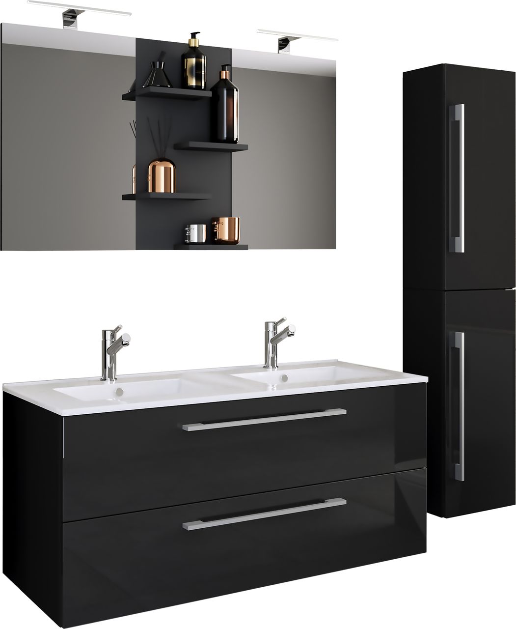 VCM 4-tlg. Waschplatz Budasi Spiegel mit Hochschrank Schwarz