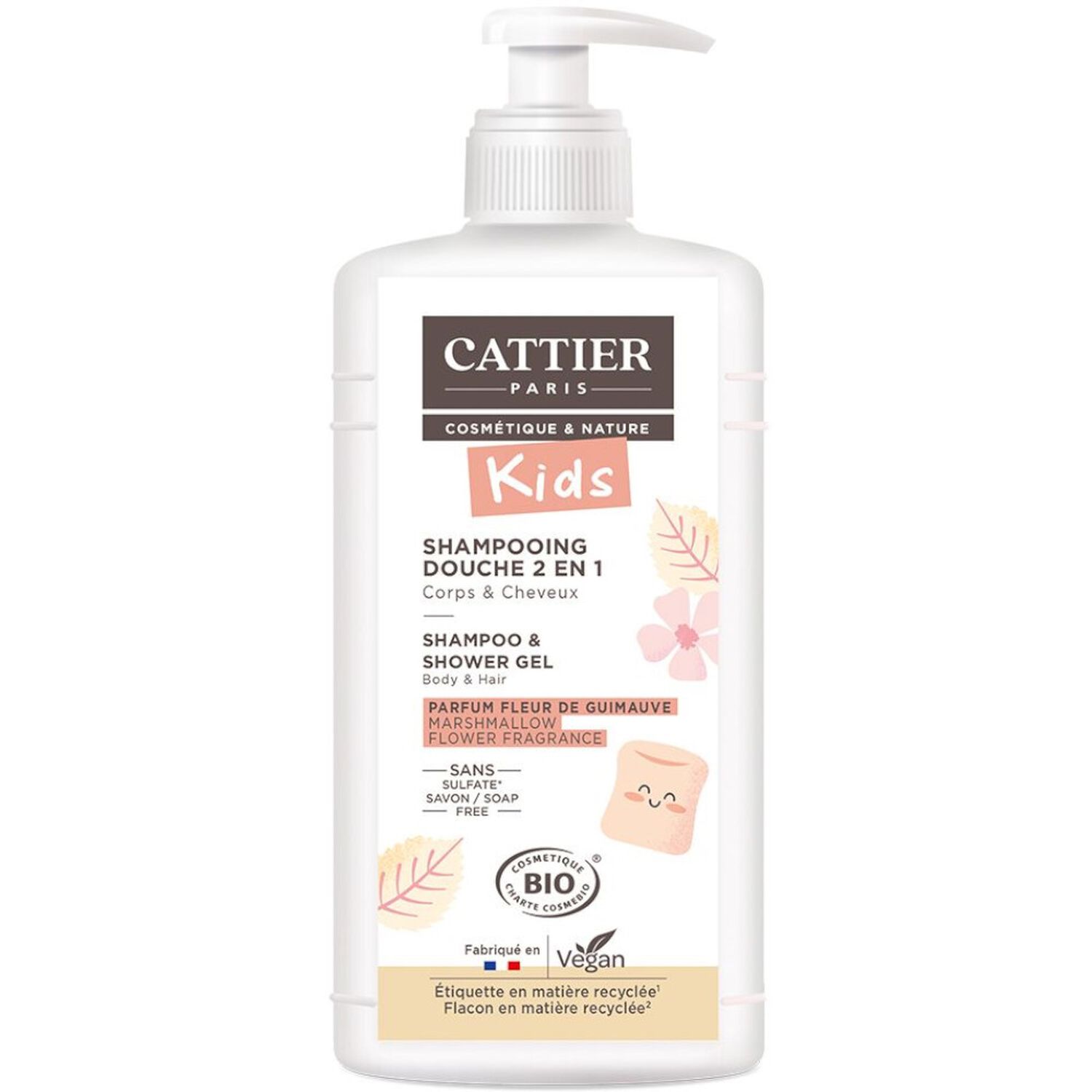 Cattier Shampooing Douche 2en1 Corps et Cheveux - Parfum Fleur de Guimauve 500 ml