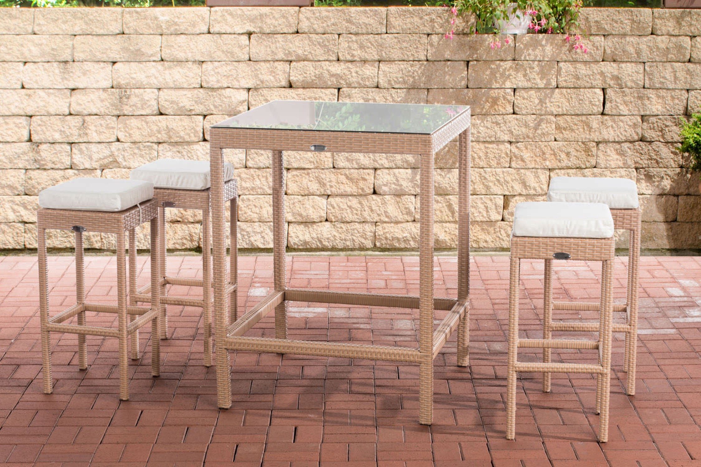 TPFGarden Gartenbar-Set Alina - aus UV-beständigem Polyrattan und Aluminium-Gestell, (Stehtisch-Set mit 4 Hockern und Kunstlederauflagen, Gartenlounge-Set - wasserfest, pflegeleicht und UV-beständig), Maße (TxBxH): Tisch 84 x 84 x 110,5cm - Hocker 37
