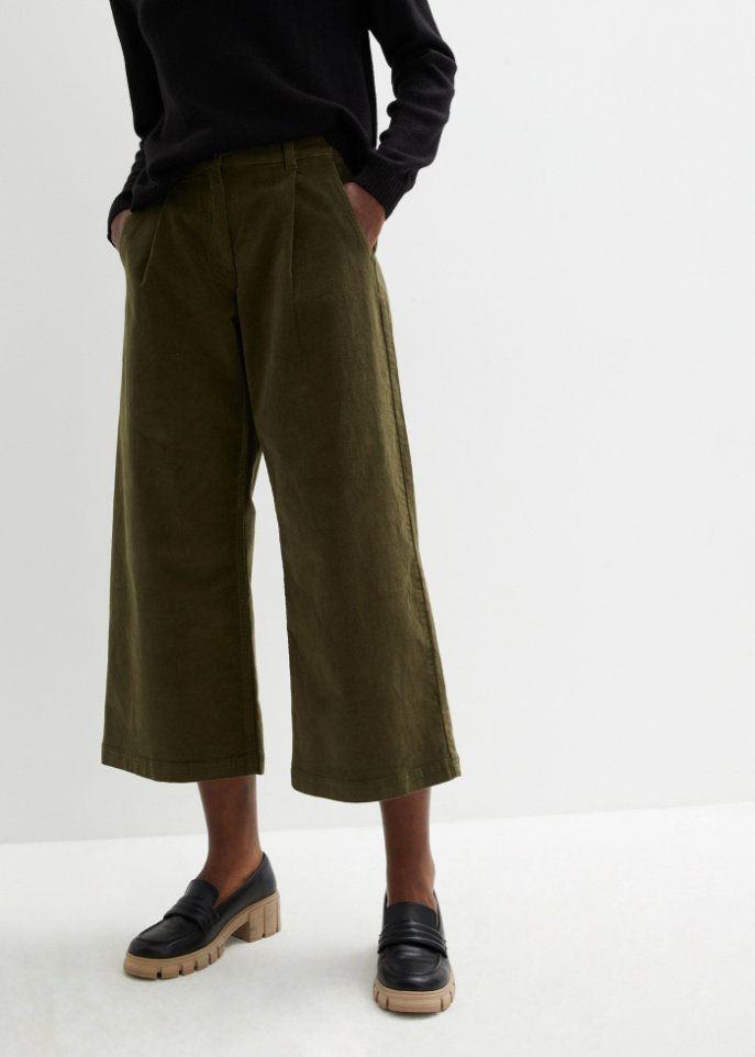 Weite Stretchcord-Culotte mit High-Waist-Bequembund, 7/8-Länge