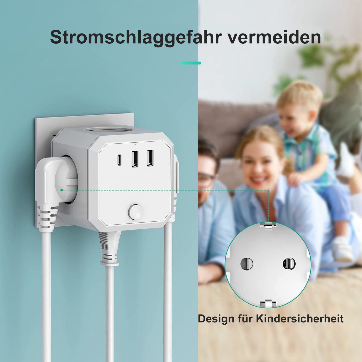 MAGICSHE Steckdose Steckdosenwürfel mit USB, 1X Zwischenstecker, Maximalstrom: 3,4 A, Ohne Kabel