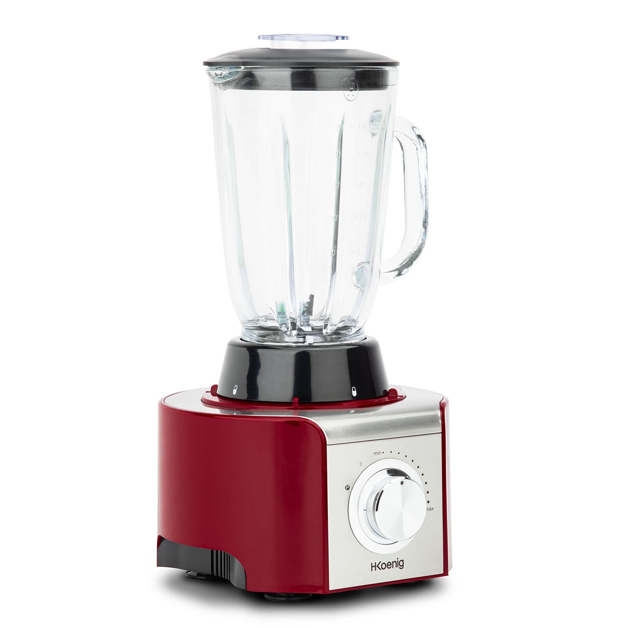 H.Koenig MX18 Multifunktionale Küchenmaschine Rot Professionell Kompakt, Mixbehälter 1,5 L, Glas-Mixer mit Graduierung 1,5 L, 4 Stahlscheiben Klinge Spatel, 8 Funktionen, Leistungsstark 800W