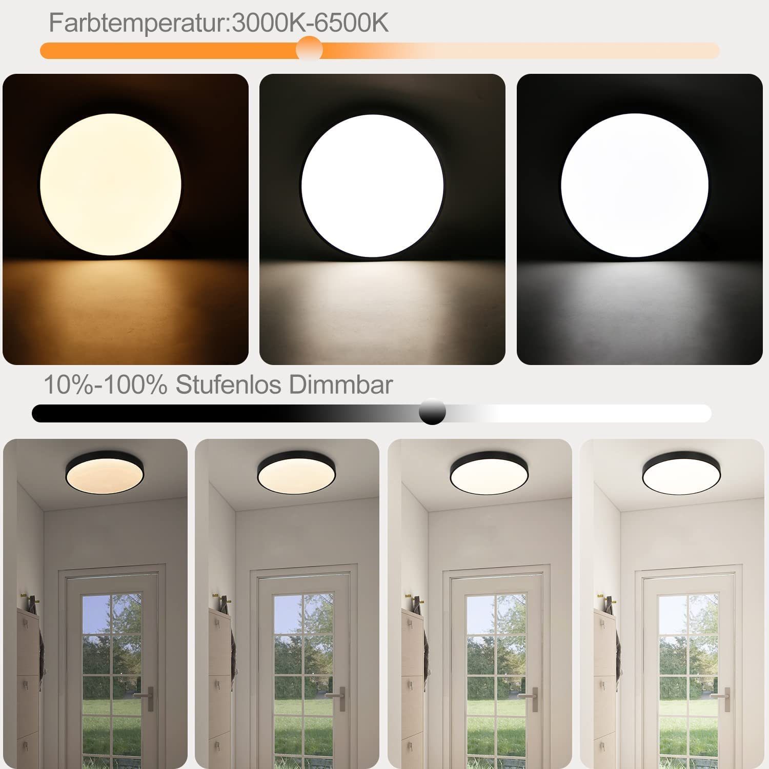 Nettlife LED Panel Schwarz 30W Deckenlampe IP44 Wasserdicht Flach Rund ‎28 x 28 x 2,5 cm, Dimmbar mit Fernbedienung, LED fest integriert, Warmweiß, Neutralweiß, Kaltweiß, für Badzimmer Wohnzimmer Küche Schlafzimmer Flur Büro