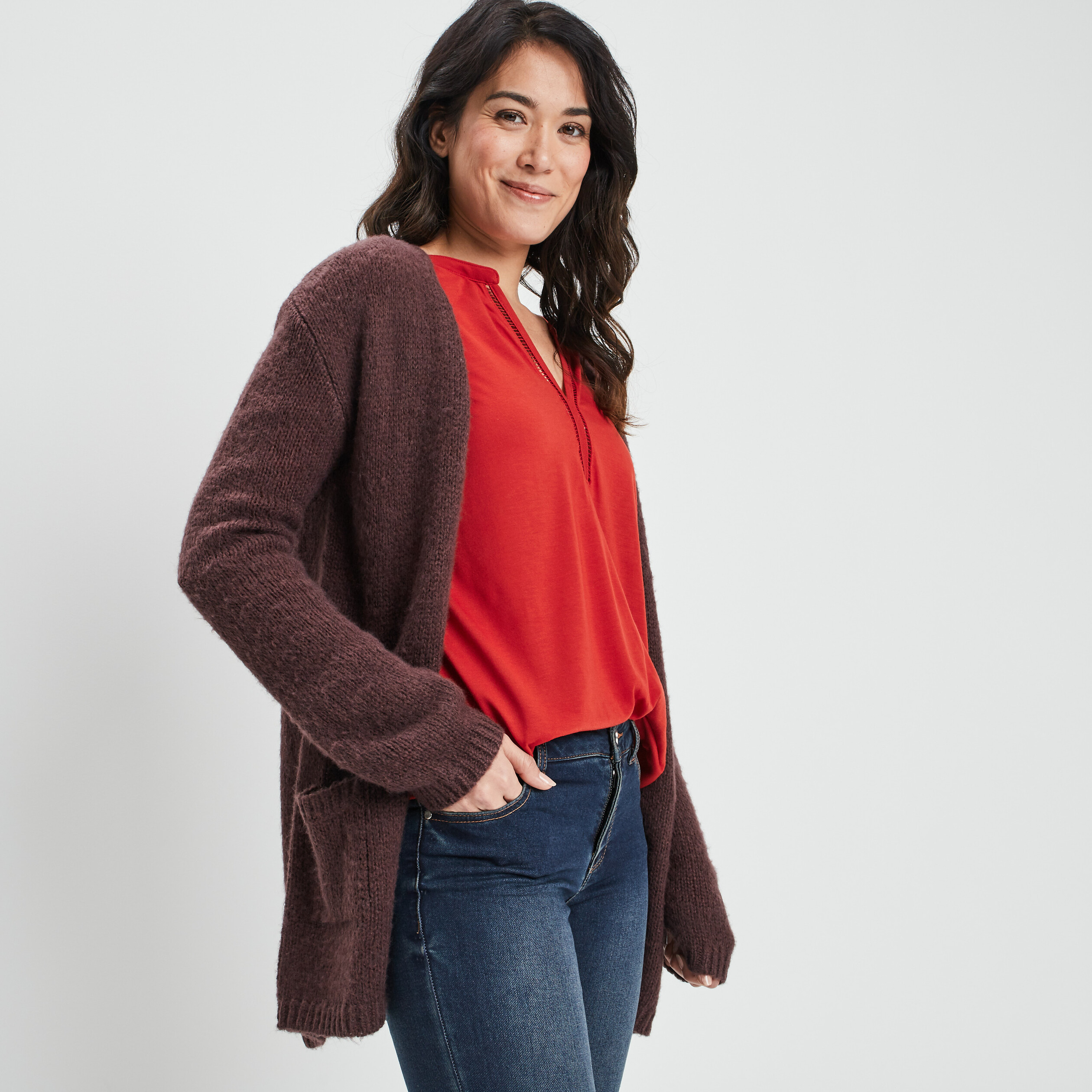 Gilet long manches longues marron foncé femme | La Halle
