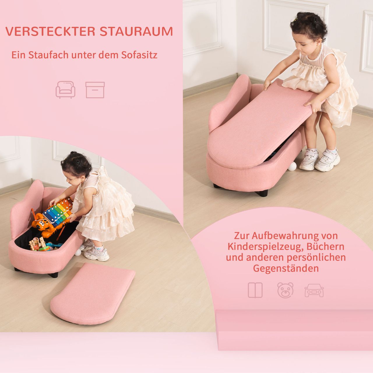 HOMCOM Kindersessel, Kindercouch, Kindersofa mit Stauraum für Kinder 3-5 Jahre