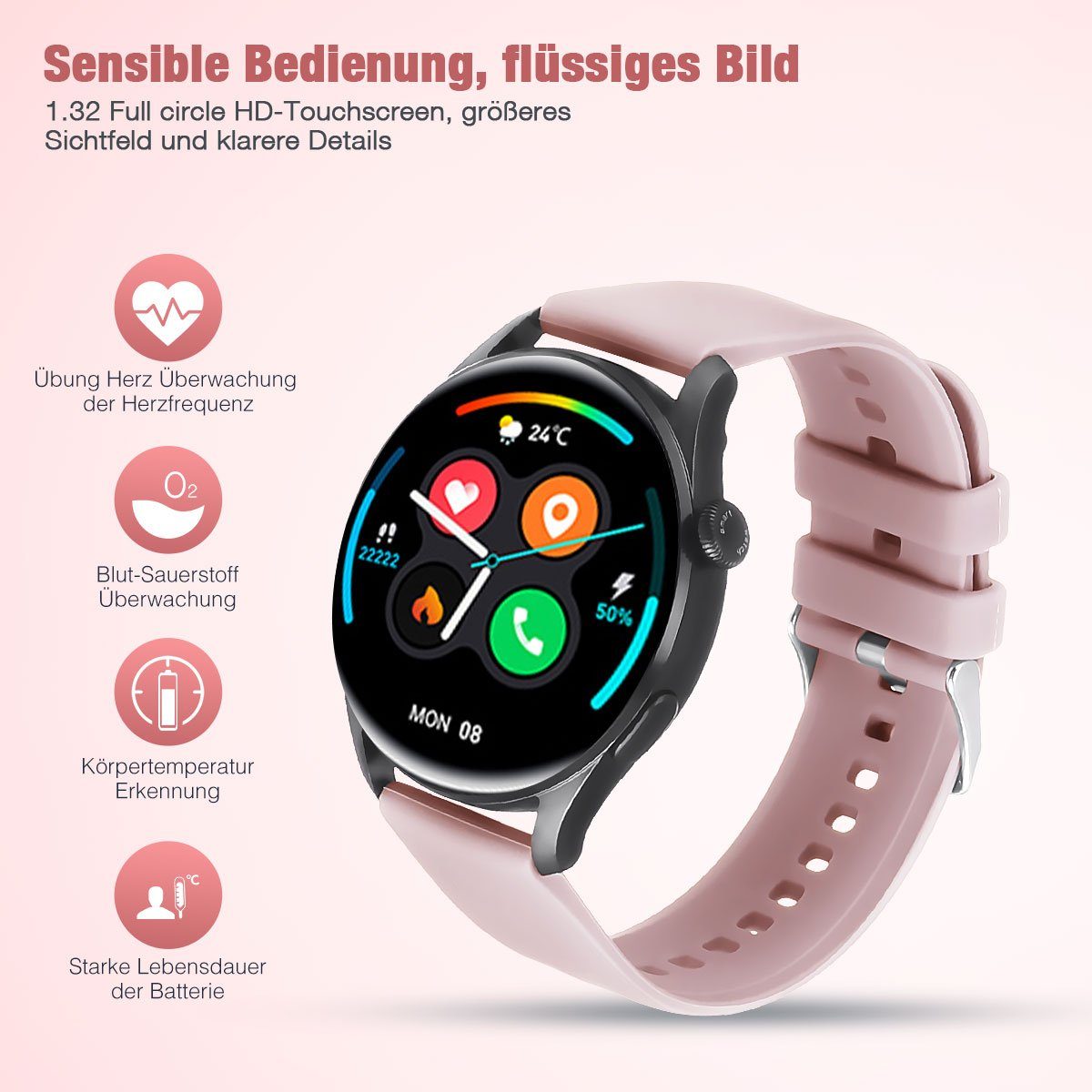ombar Smartwatch Herren, 1,28 Zoll Touchscreen Smart Watch Damen Smartwatch (IP67 Wasserdicht Smartwatches Schrittzähler mit Herzfrequenz, Whatsapp, SPO2, Schlafmonitor, für iOS und Android cm/1.28 Zoll)