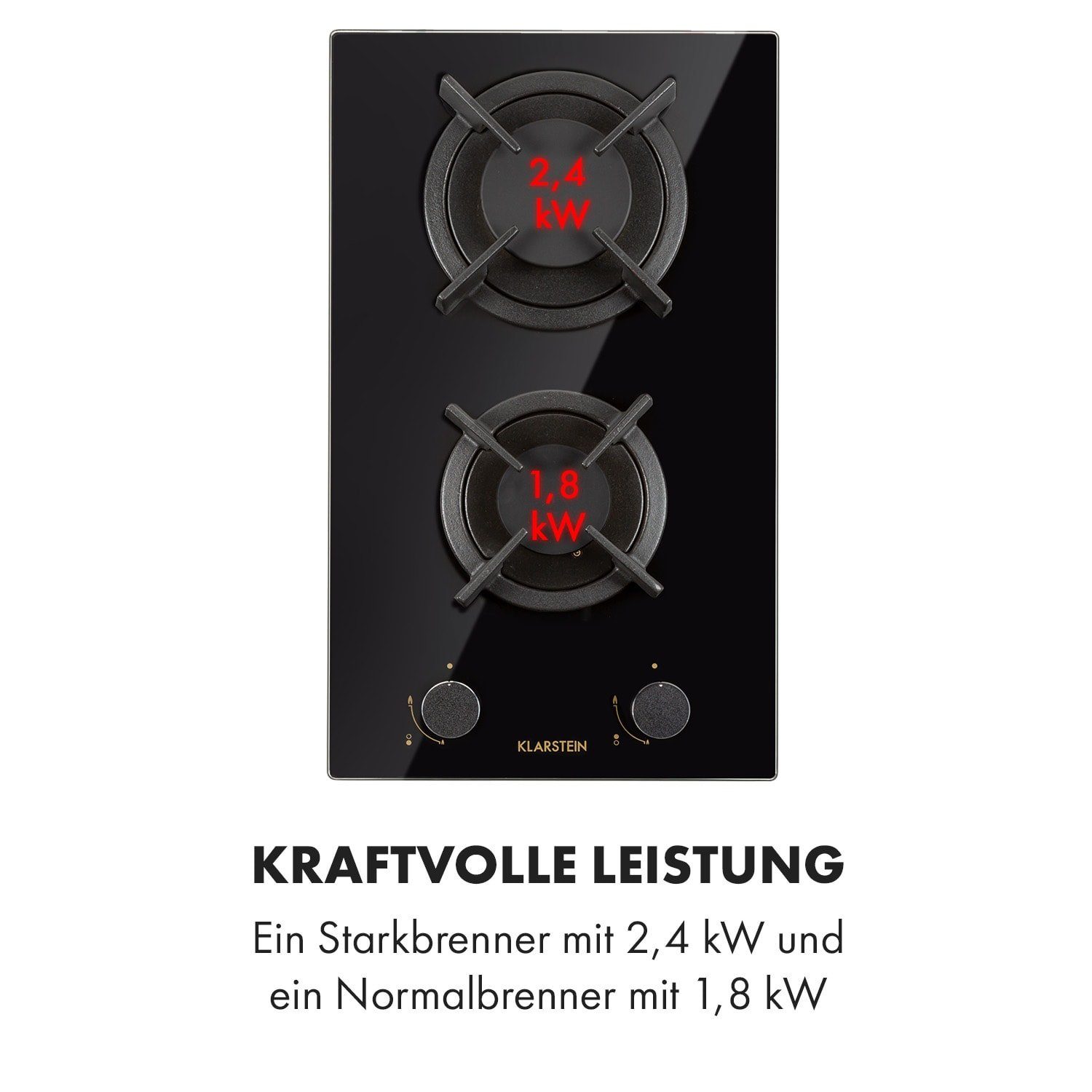 Klarstein Gas-Kochfeld Goldflame Domino Gaskochfeld 2-flammig Messing-Brenner Glaskeramik CP11-Goldflame-D, Einbau Gas Kochfeld 2 Platten Herdplatte Kochplatte Einbaukochfeld