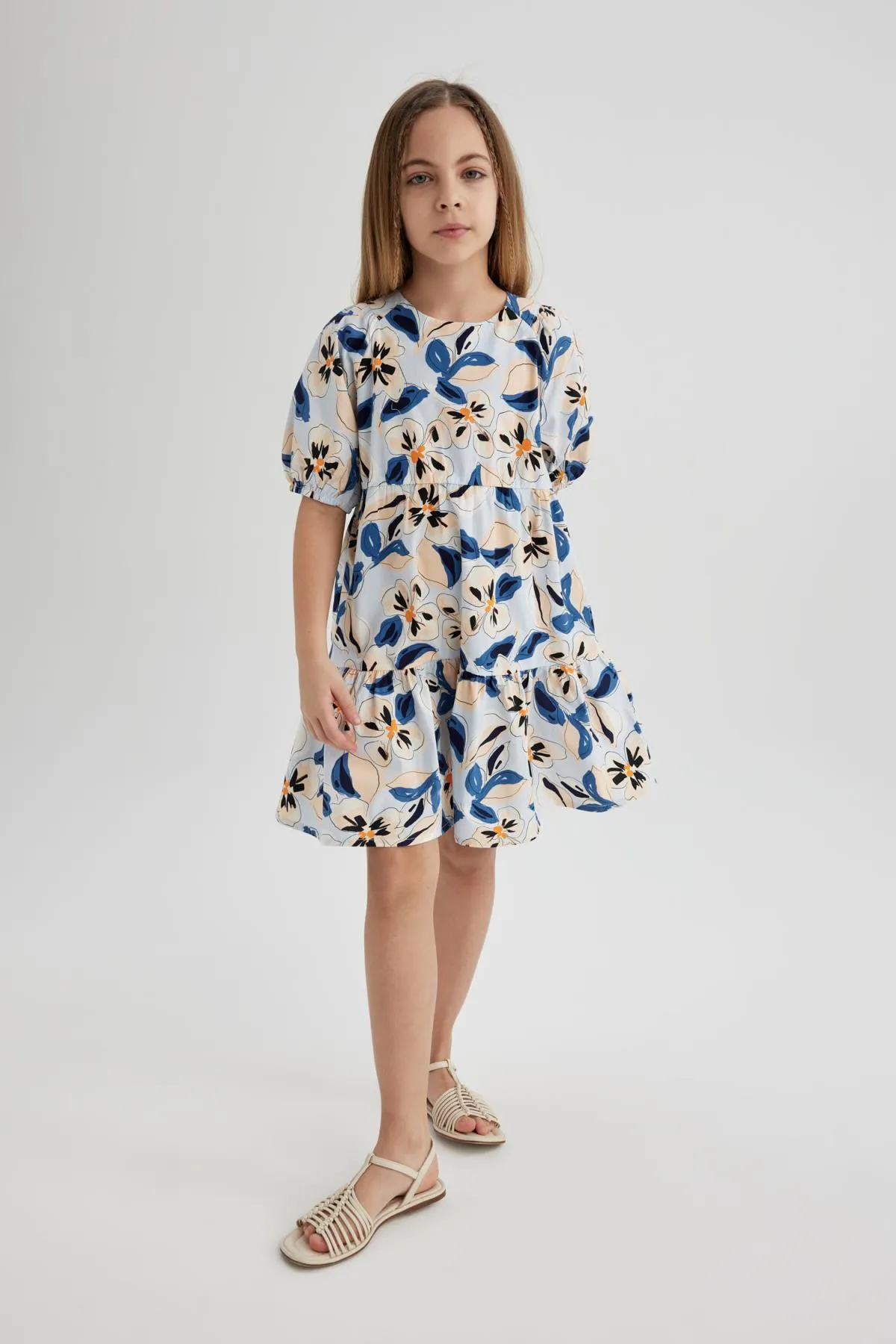 DeFacto  Gemustertes Popeline-Kleid mit kurzen Ärmeln für Mädchen C0707a824sm