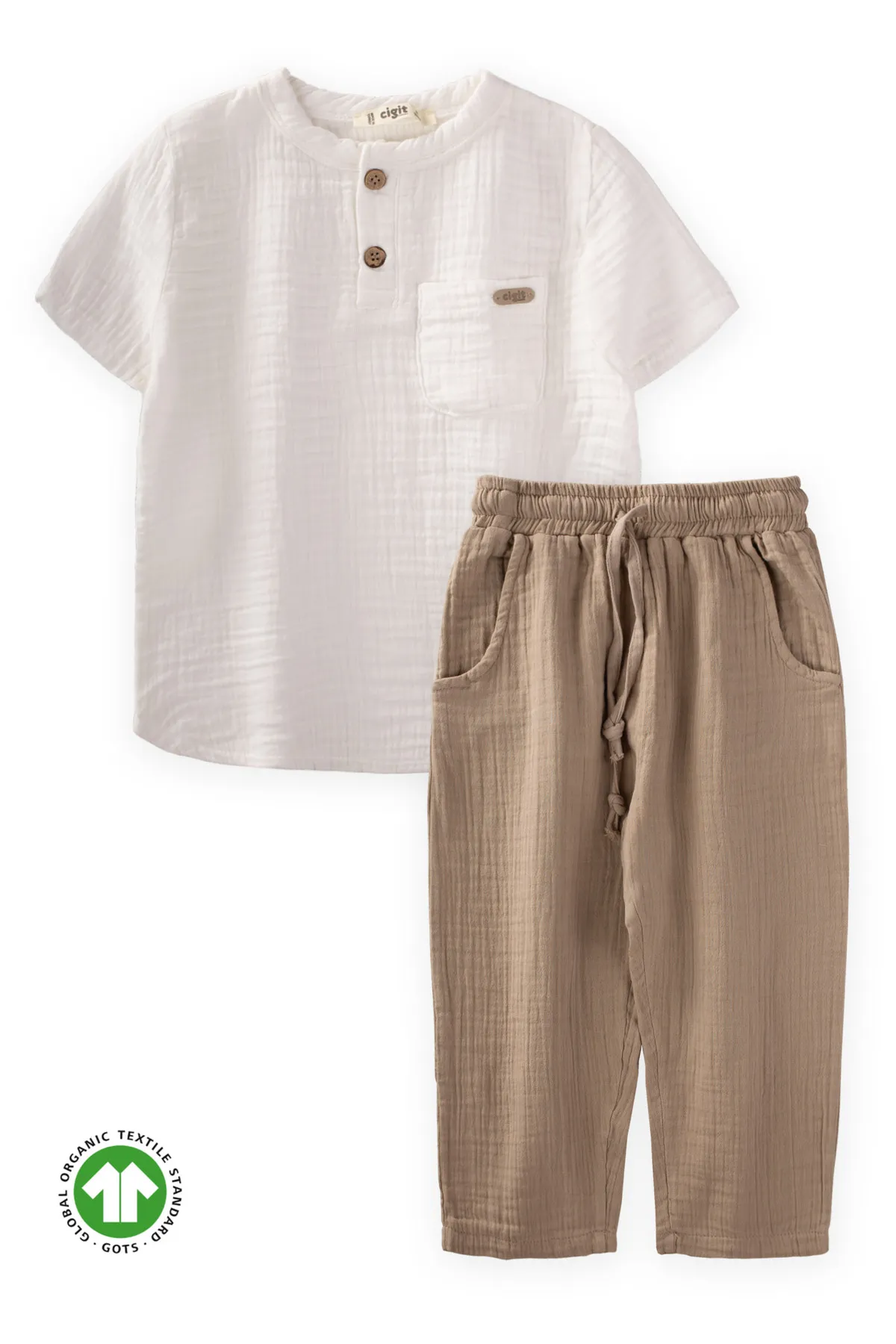 Cigit  Set aus Bio-Musselin-Hemden im Bohemian-Stil, 2–7 Jahre, Ecru