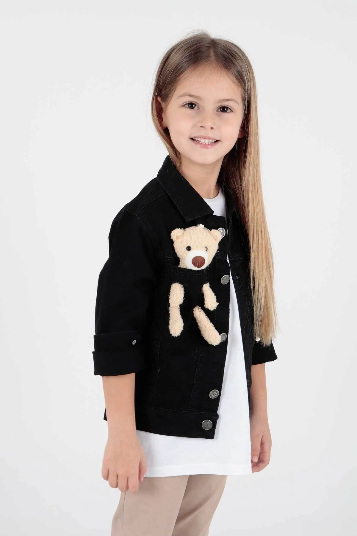 AHENGİM  Mädchen-Jeansjacke aus Baumwolle mit Teddybär-Motiv, lässig, modisch, Ak22176023