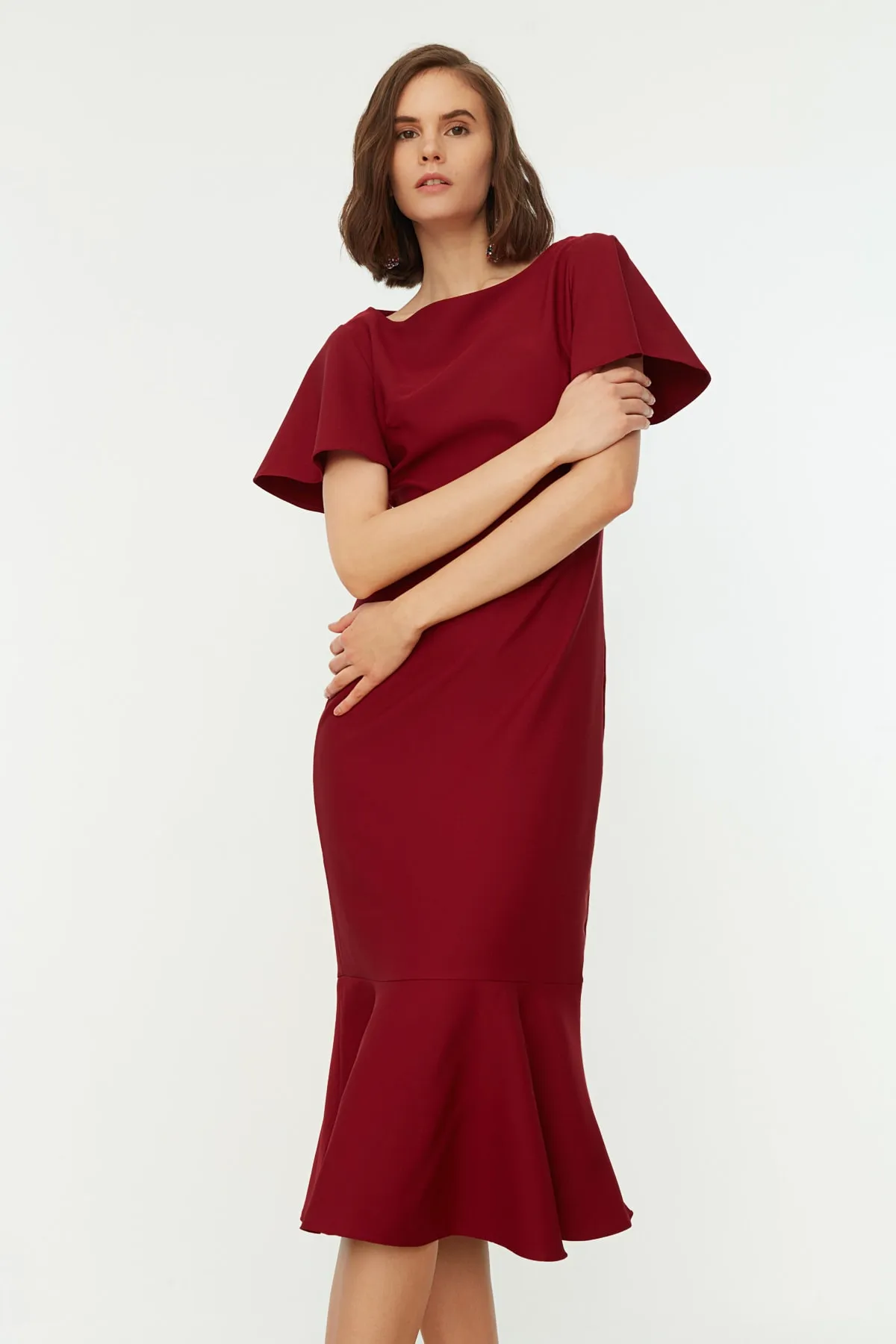 Trendyol Collection  Weinrotes Volant-Midi-Webkleid TWOSS20EL1342