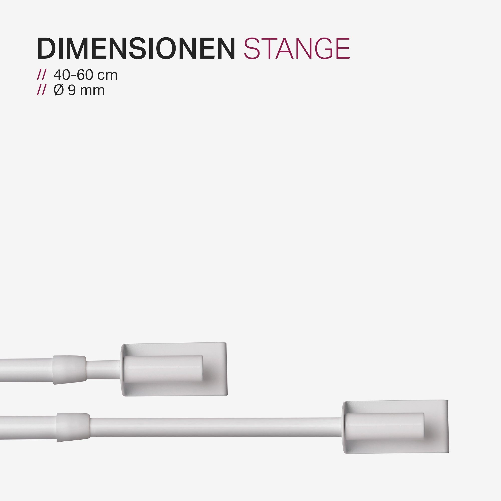 Spannvitrage Spannstange Twist, Bestlivings, Ø 9 mm, ausziehbar, geklemmt, gespannt, ohne Bohren, ohne Schrauben, ohne Kleben, Metall, Spannvitrage, Gardinenstange - Metall - (40-60 cm - Weiß) zum Spannen, Klemmstange Ausziehbar, Vitragestange ohne B