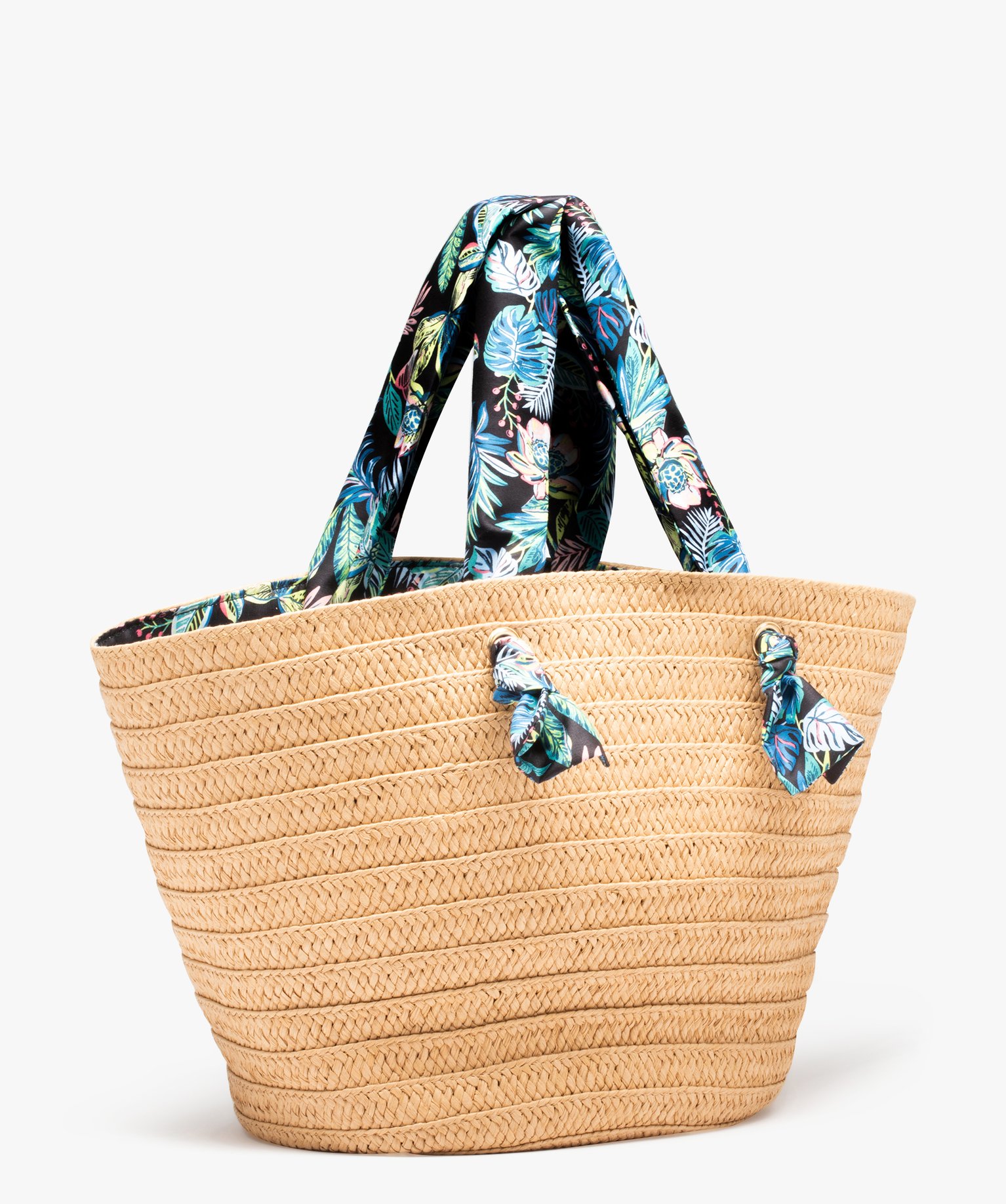 Sac de plage femme avec anses en tissu fleuri beige | GEMO