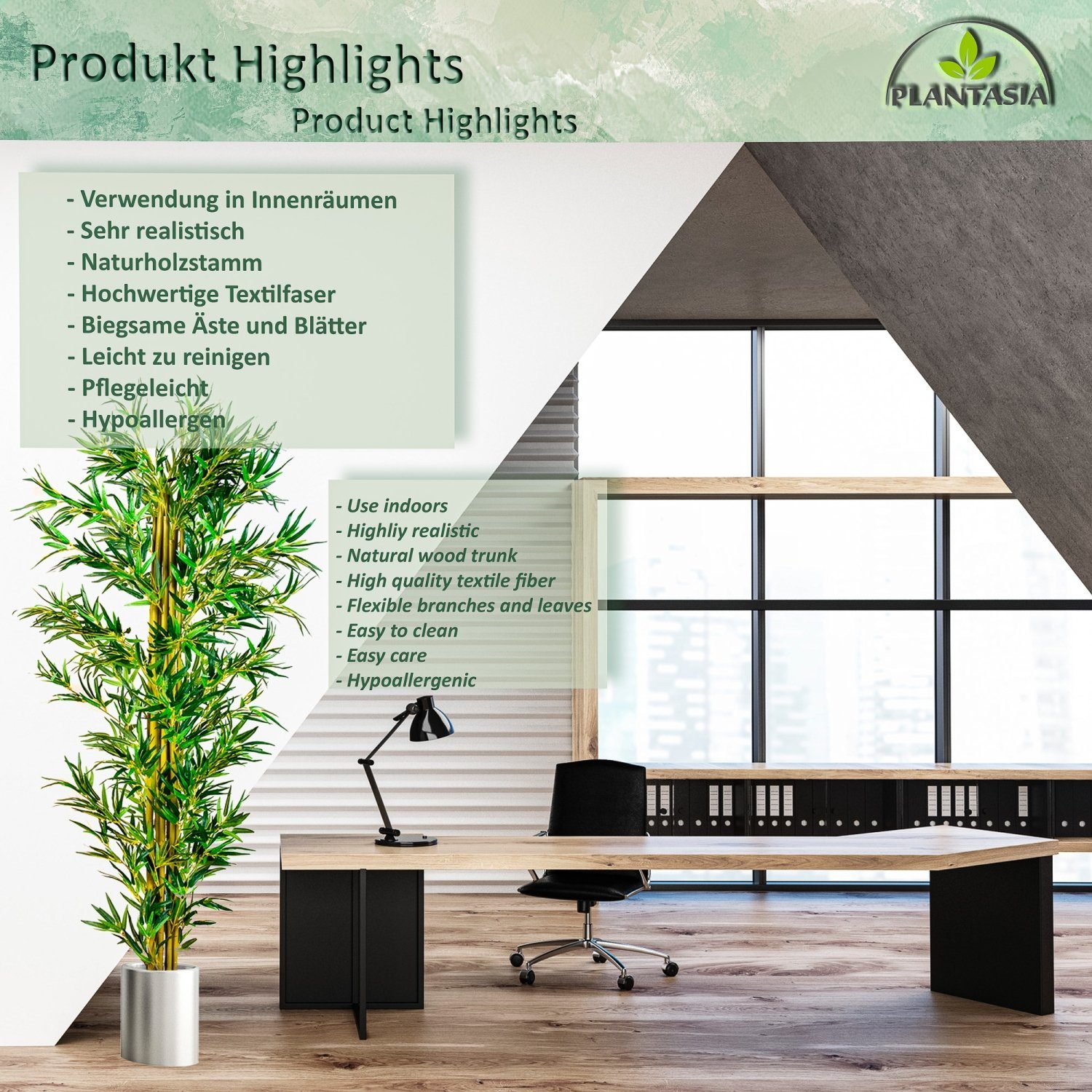 Kunstbaum Künstlicher Bambus Strauch Kunstbambus Deko Bambus Bambus, PLANTASIA, Höhe 160,00 cm, Echtholzstamm, Größenwahl von 160cm - 220 cm