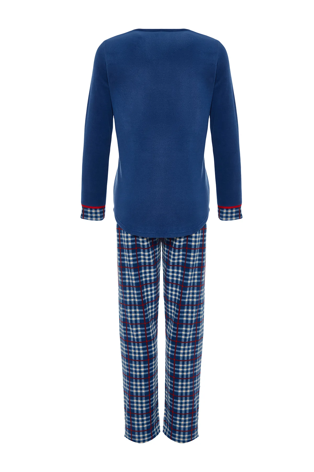 Trendyol Collection  Marineblaues Pyjama-Set aus Fleece mit Slogan und kariertem T-Shirt und Hose aus Strick THMAW24PT00277