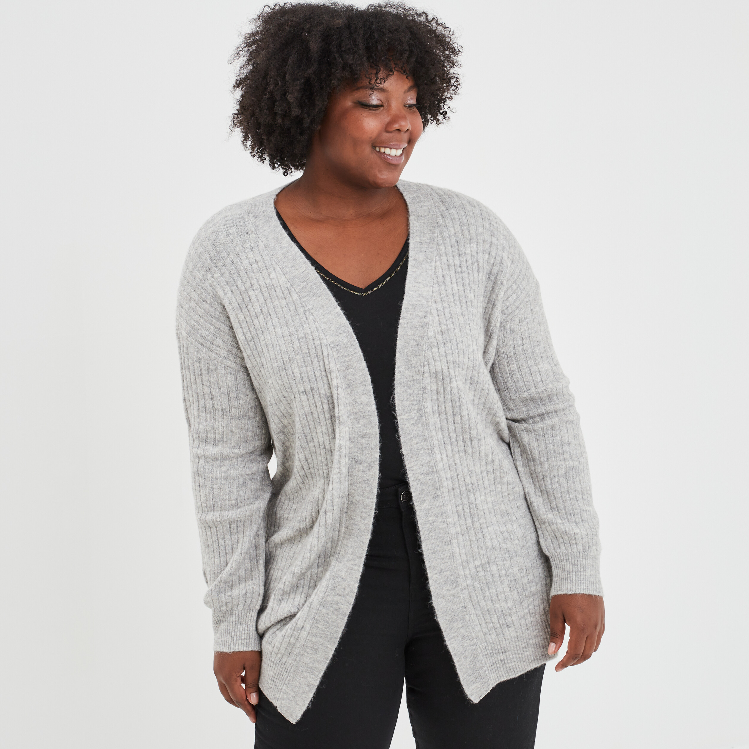 Gilet long côtelé col châle gris femme grande taille | La Halle