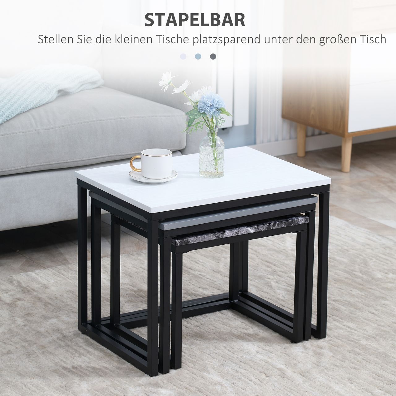 HOMCOM 3er Set Couchtisch Stapeltisch Beistelltisch Kaffeetisch Metallfuß MDF 3 Farben 55 x 40 x 45 cm/48 x 37 x 40 cm/41 x 34 x 35 cm