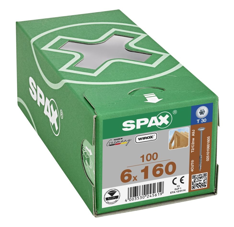 SPAX 0251010601605 HI.FORCE, 6 x 160 mm, 100 delar, Delgänga, Skivhuvud, T-STAR plus T30, 4CUT, WIROX
