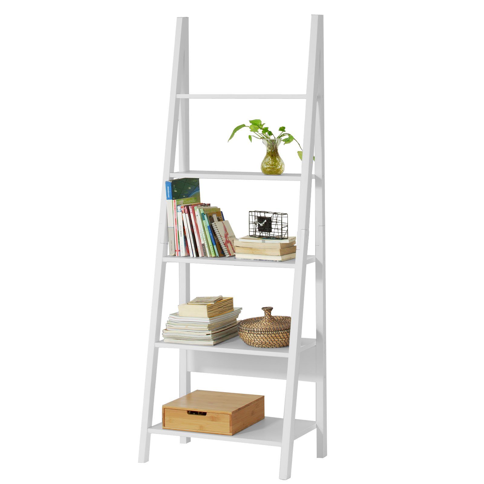 SoBuy Leiterregal FRG61, Wandregal Badregal Standregal Bücherregal mit fünf Böden weiß