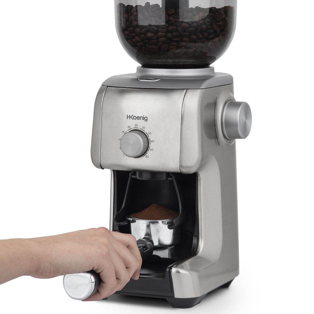 H.Koenig Elektrische Kaffeemühle GRD830, 16 Stufen - leistungsstark 130W - Kapazität 400g - abnehmbare Mühle - Aluminiumgehäuse - einfache Reinigung, Silber