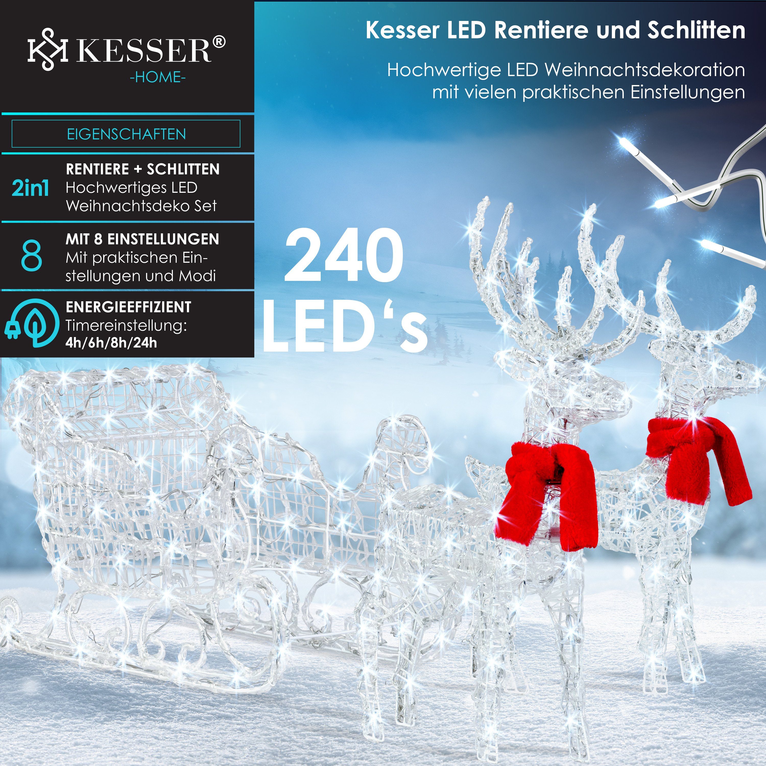 KESSER Weihnachtsfigur, 240er LED Rentiere Schlitten weiß Timer Weihnachtsbeleuchtung