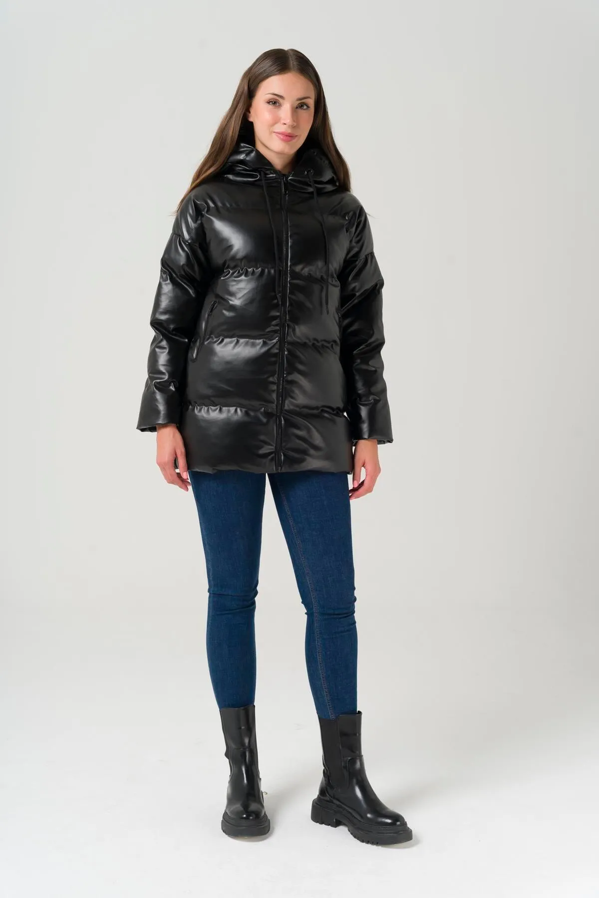 Olcay  Pufferjacke in Lederoptik mit Kapuze, Schwarz 6421