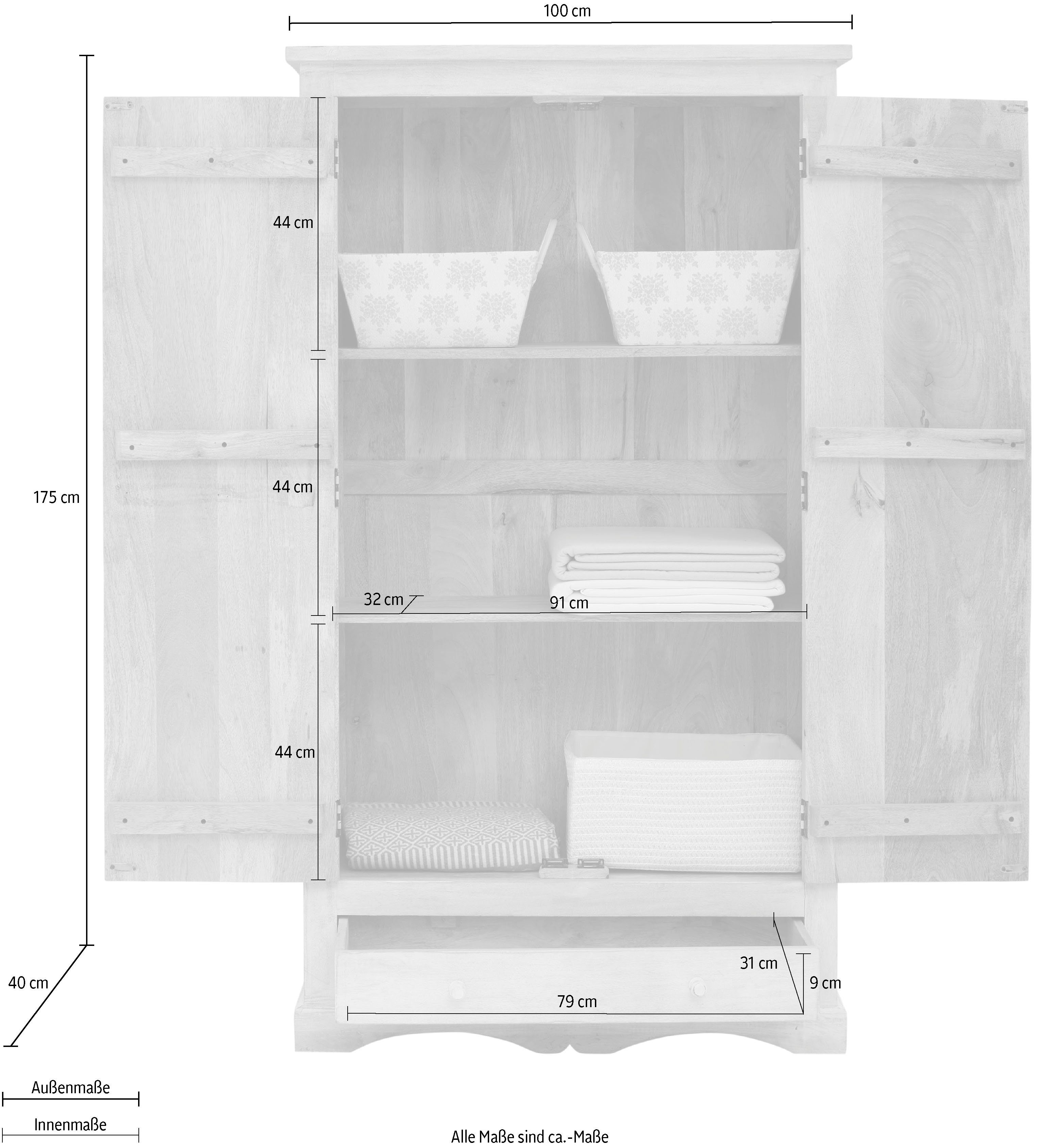 Home affaire Drehtürenschrank Landor Stauraumschrank, Mangoholz, 2 Einlegeböden, Schubkasten, Breite 100 cm