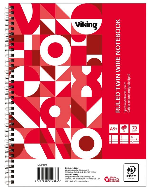 Viking Notizbuch DINA5  Liniert Doppeldraht Seitlich gebunden Papier Softcover Rot Perforiert 160 Seiten 5 Stück