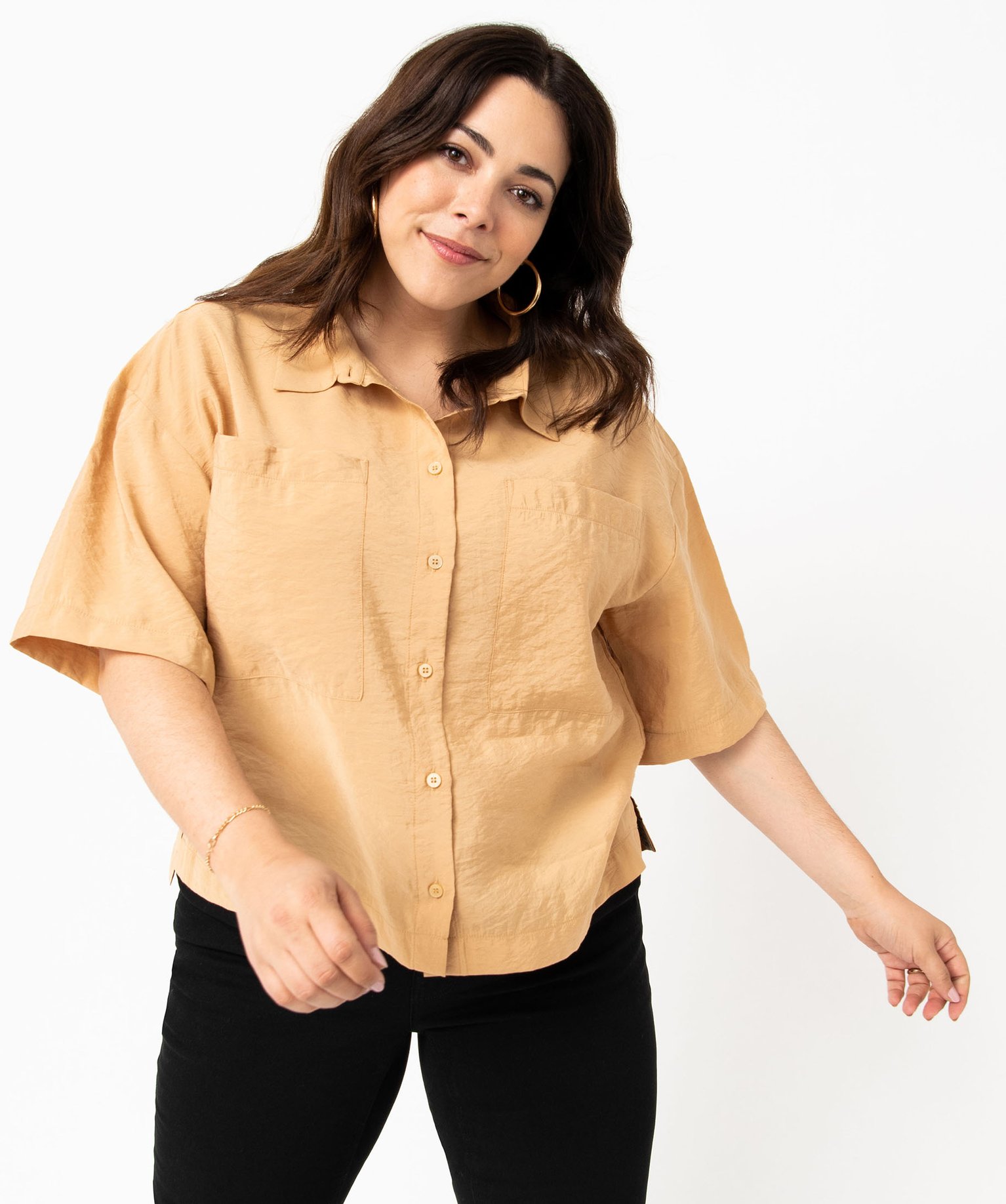 Chemise à manches courtes avec poches poitrine femme grande... camel | GEMO