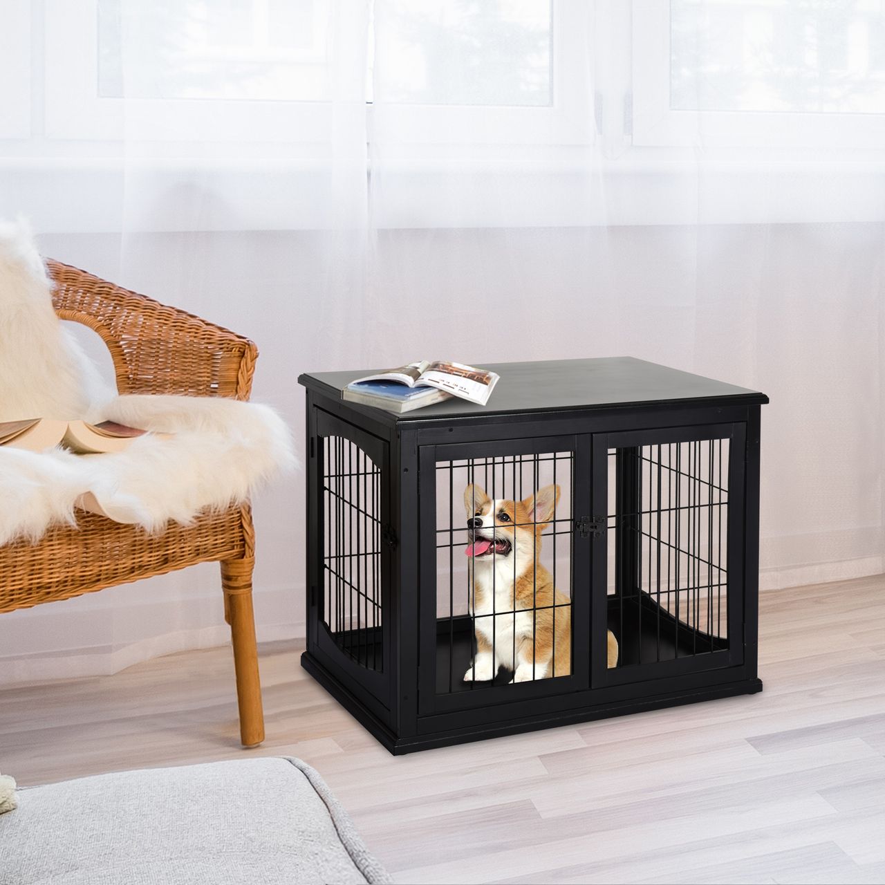 PawHut Hundehütte Hundehaus Transportbox für Innen Hundebox Tierkäfig Schwarz