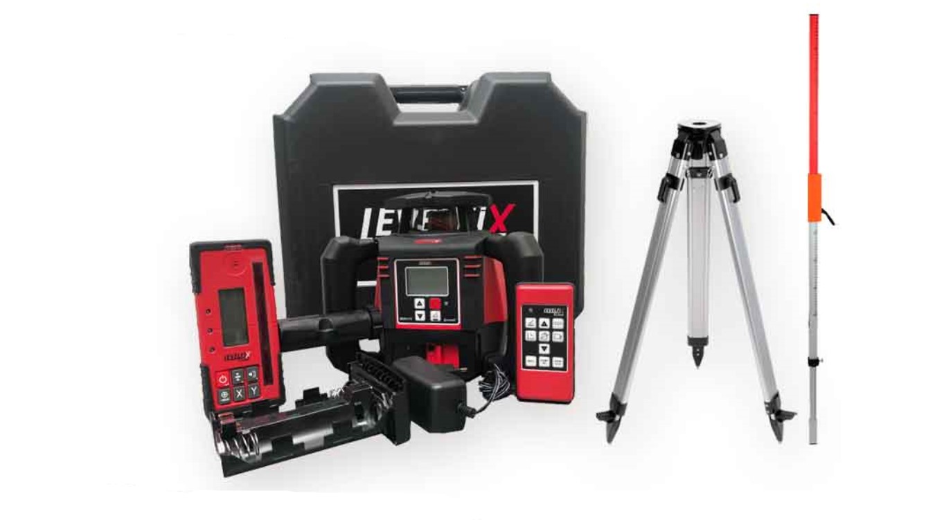 Levelfix 554802 860HVS Roter Baulaser mit digitaler Doppelneigungsmessung + 2,7 m Stativ + Messlatte