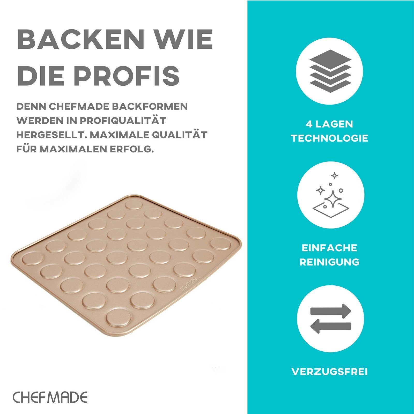 Chefmade Backblech Kuchenblech, Karbonstahl, (CHEFMADE, Macaronblech, 325x290x6mm, Champagnergold, antihaft- & silikonbeschichtet, Keksblech, Plätzchenblech, Whoopieblech, Macarons, Karbonstahl, 1-St., Premium), Macarons Backmatte - Backblech für Bac