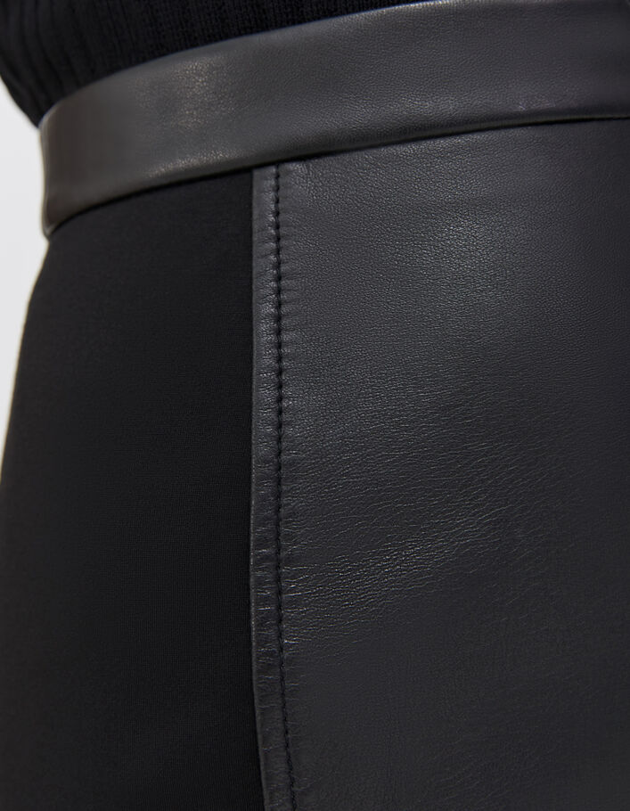 Jupe crayon coloris noir bi-matière en cuir et viscose femme