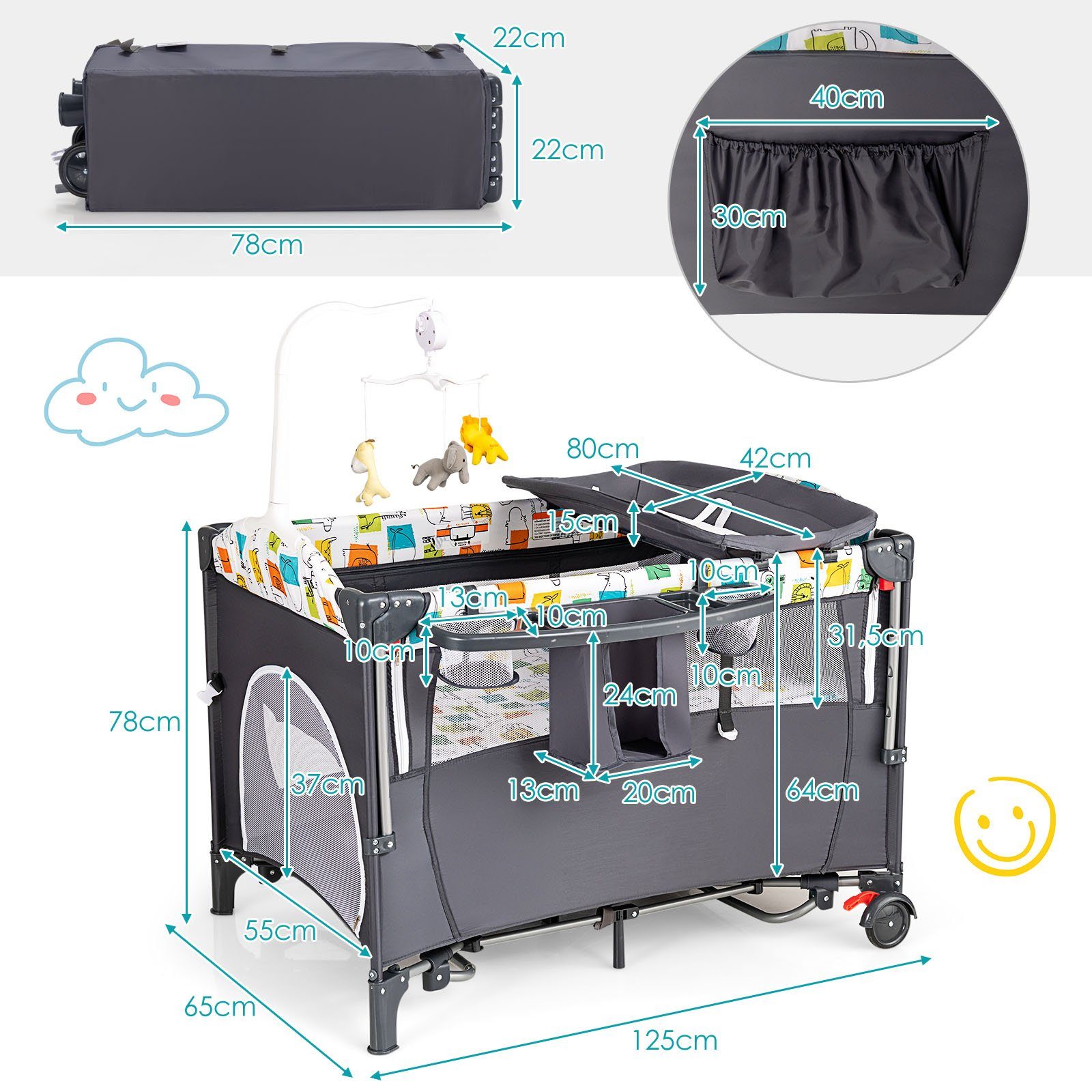 COSTWAY Baby-Reisebett 5 in1 Beistellbett, mit Matratze, höhenverstellbar
