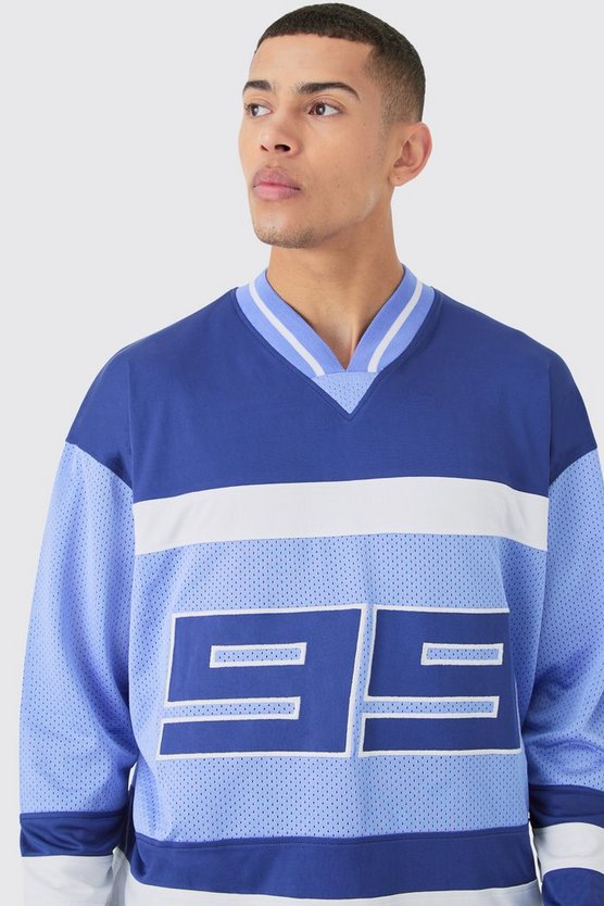 Langärmliges Colorblock Mesh T-Shirt mit V-Ausschnitt
