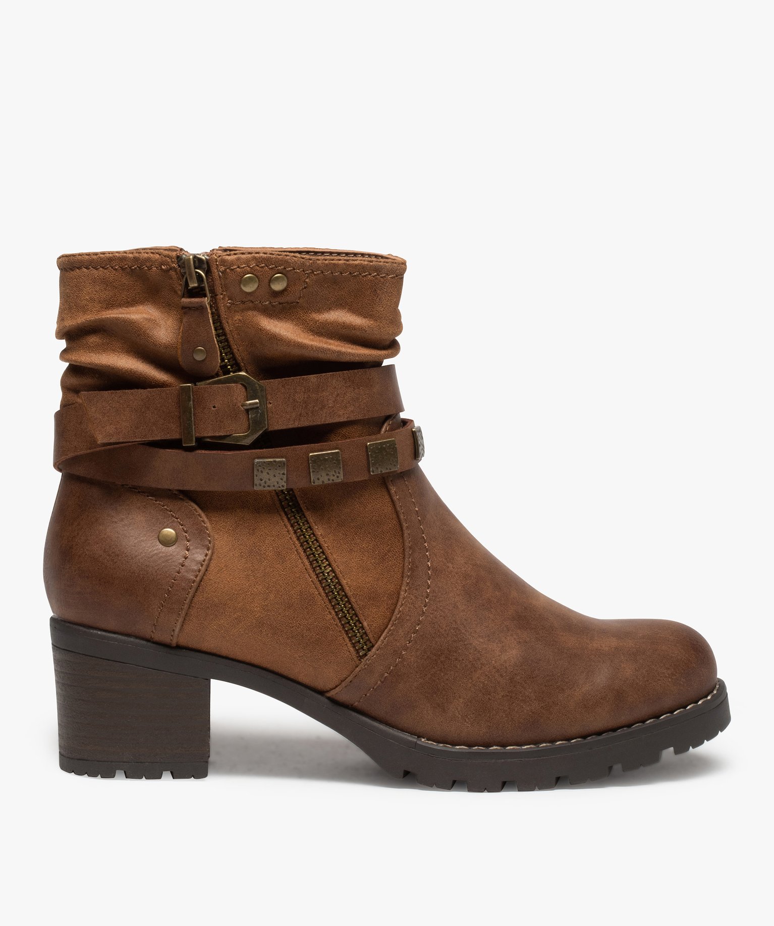 Boots femme zippées à talon carré et semelle crantée camel | GEMO