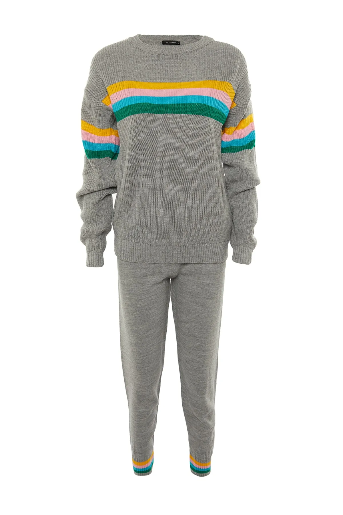 Trendyol Collection  Grau gestreiftes 2-teiliges Strickoberteil-Set TWOAW21AU0041