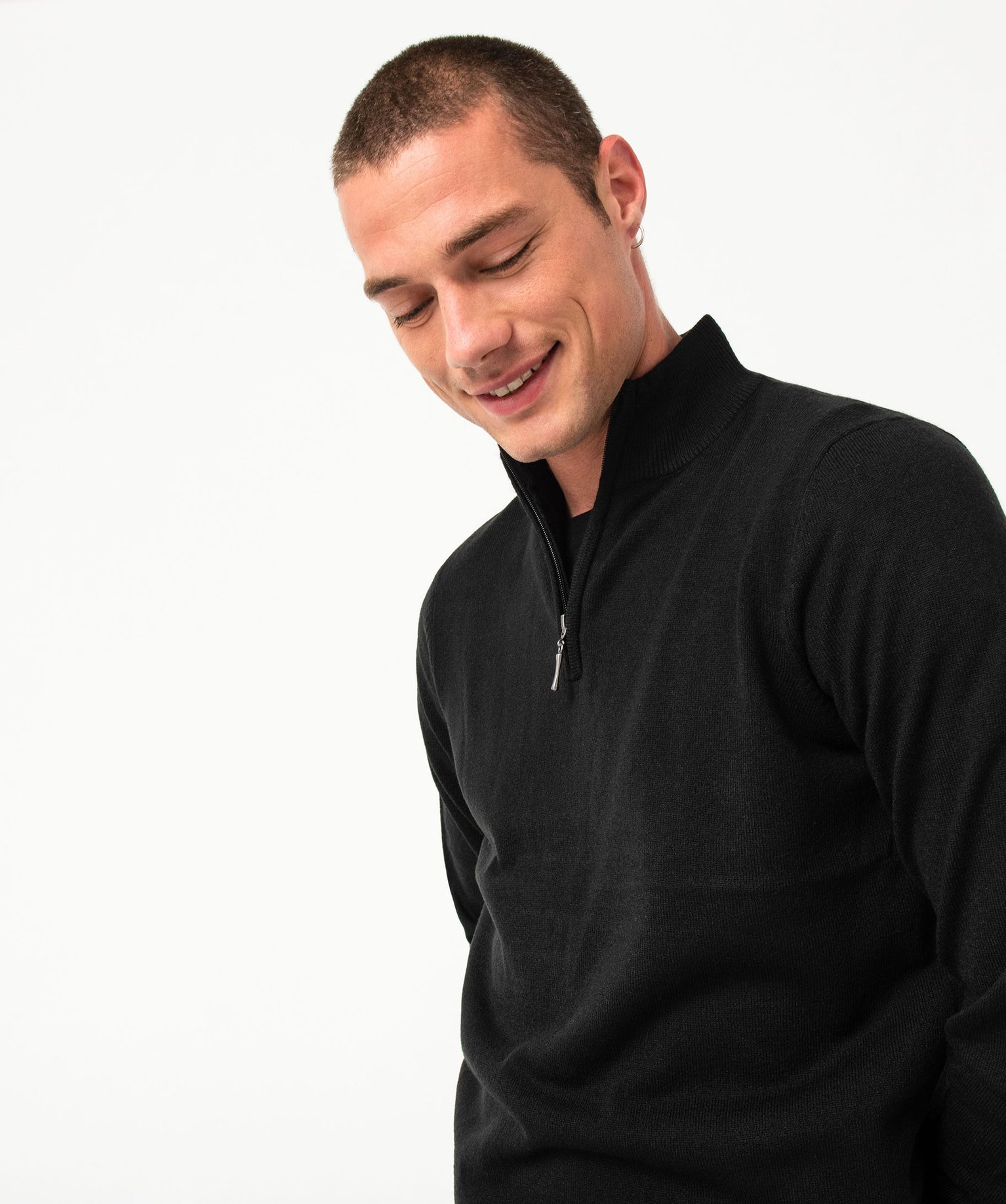 Pull col camionneur zippé en fine maille homme noir | GEMO