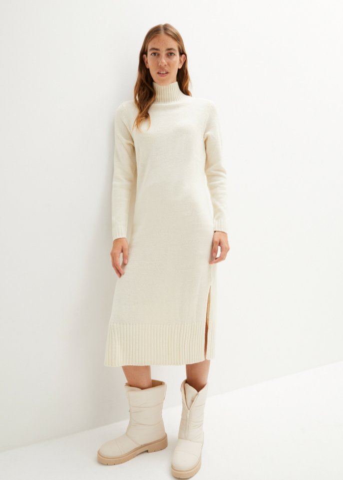 Strickkleid in Midi-Länge mit Stehkragen und Schlitzen